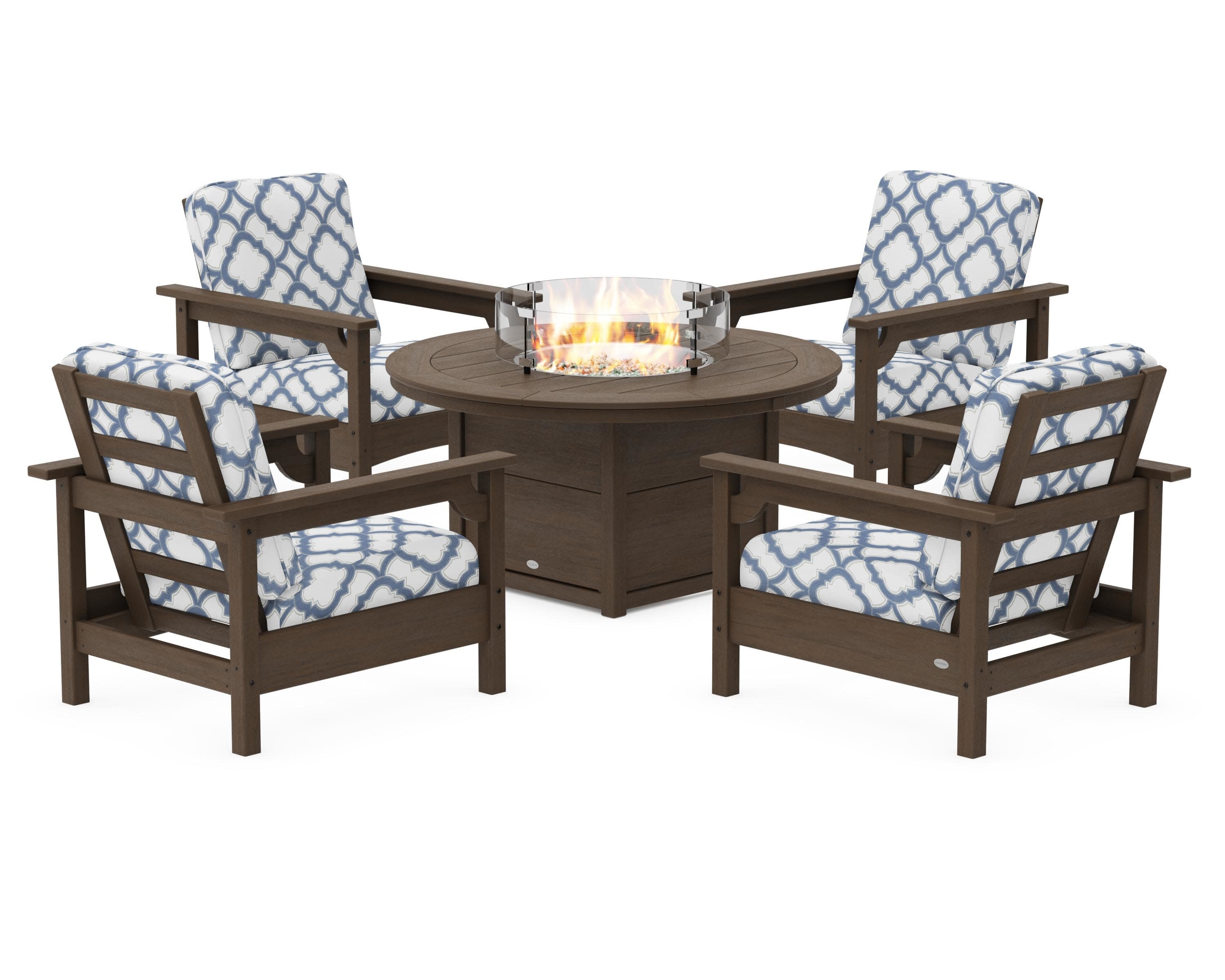 Club 5-Piece Conversation Set with Fire Pit Table in Kona / Trellis Sky Blue