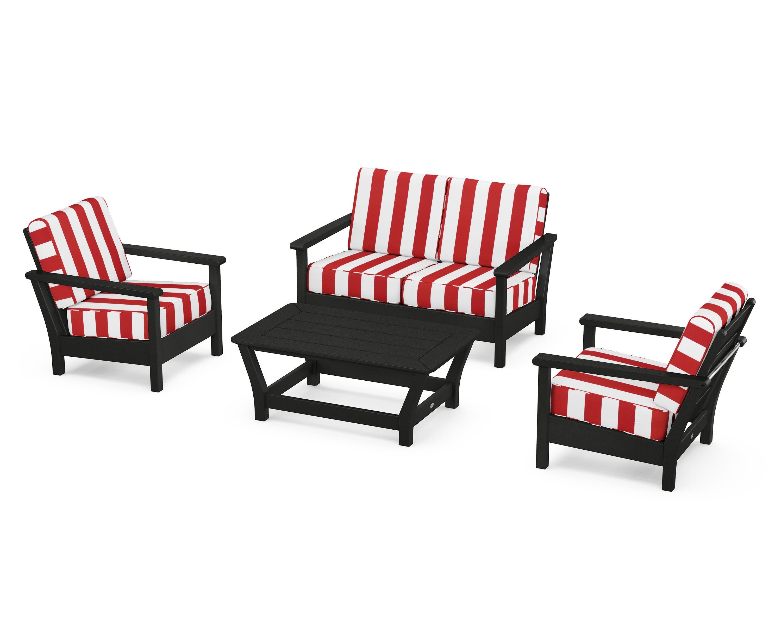 Harbour 4-Piece Deep Seating Set in Black / Cabana Stripe Crimson