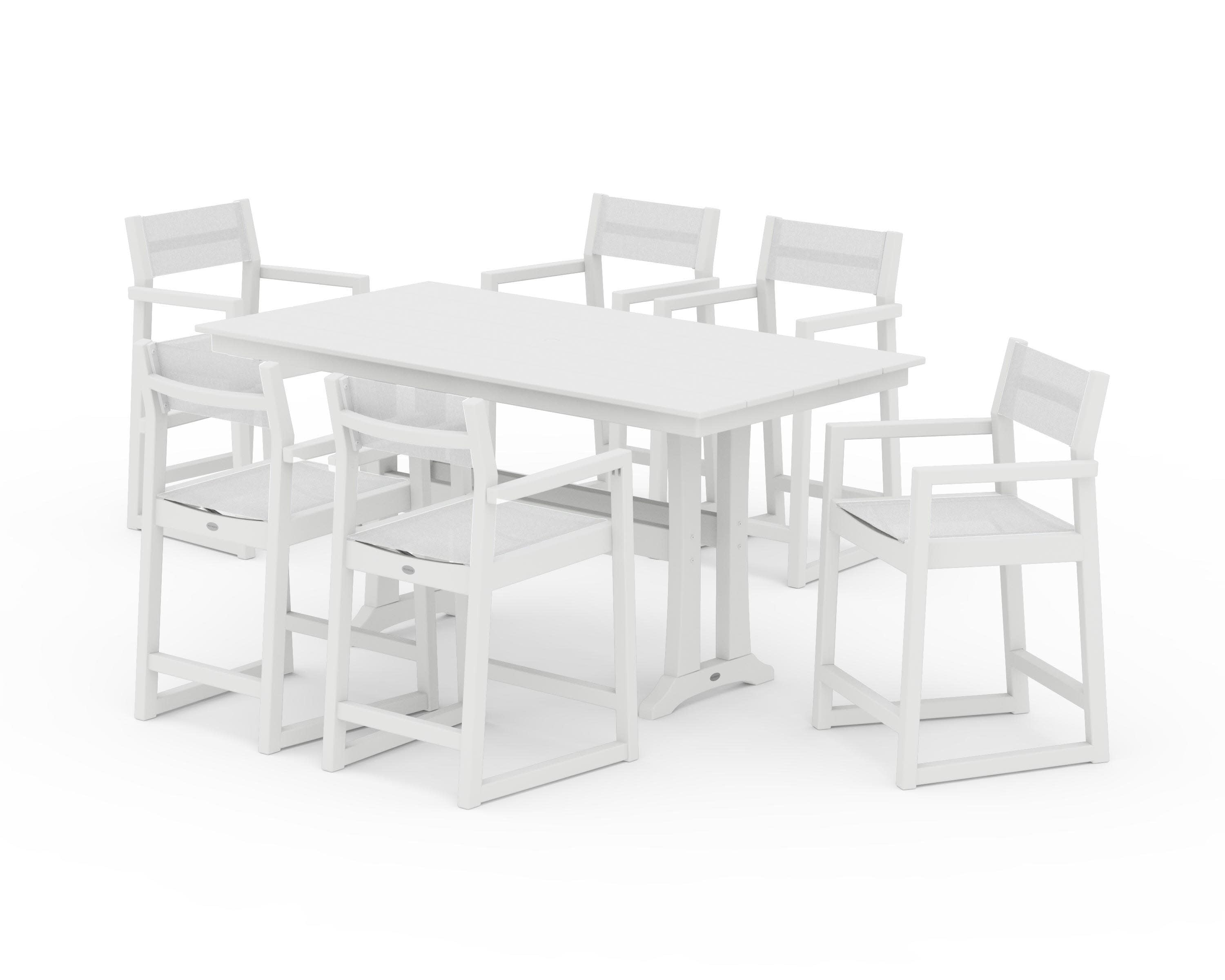 EDGE Sling Arm Chair 7-Piece Farmhouse Counter Set with Trestle Legs in White / White Sling