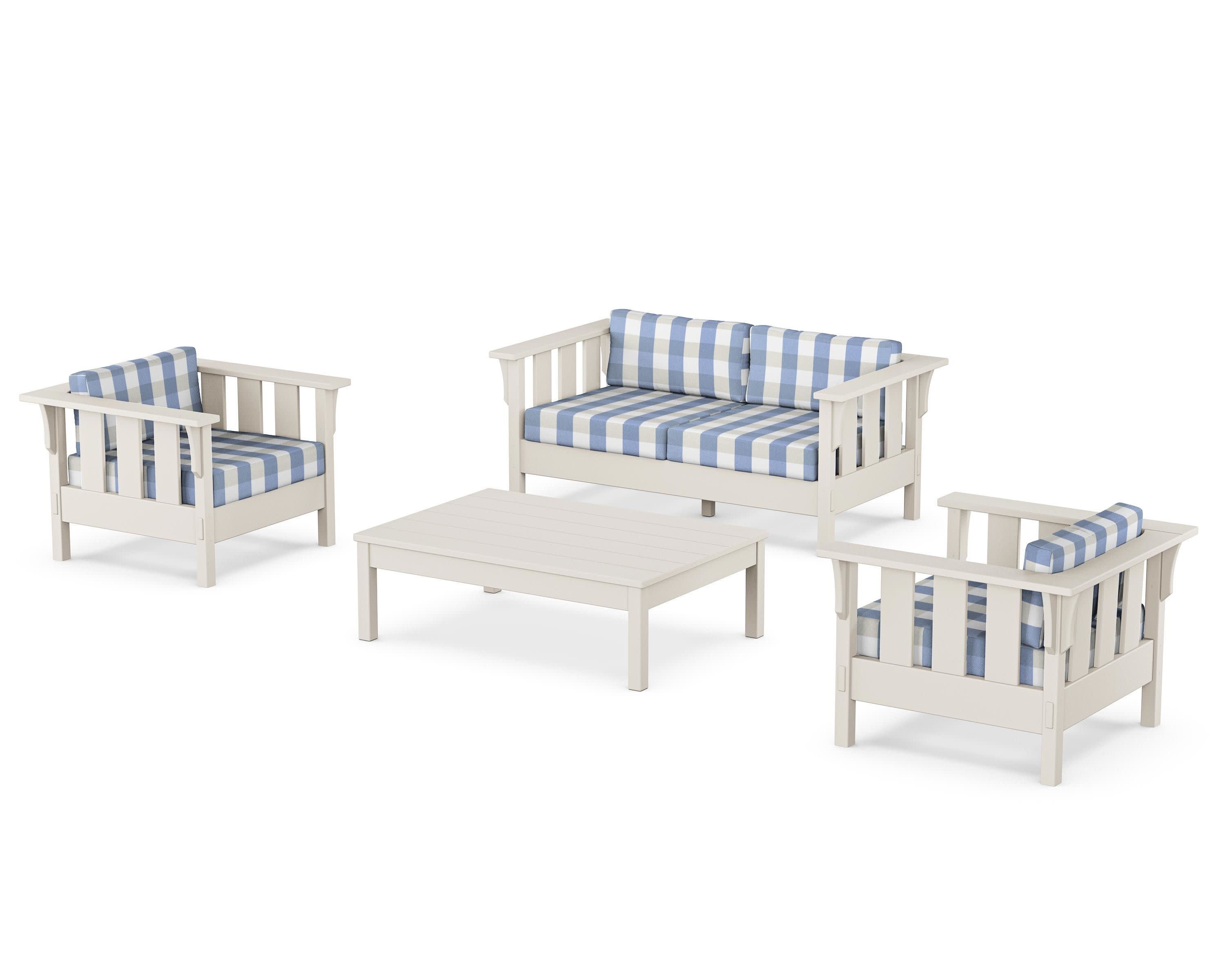 Acadia 4-Piece Deep Seating Set with Loveseat in Sand / Buffalo Plaid Sky Blue