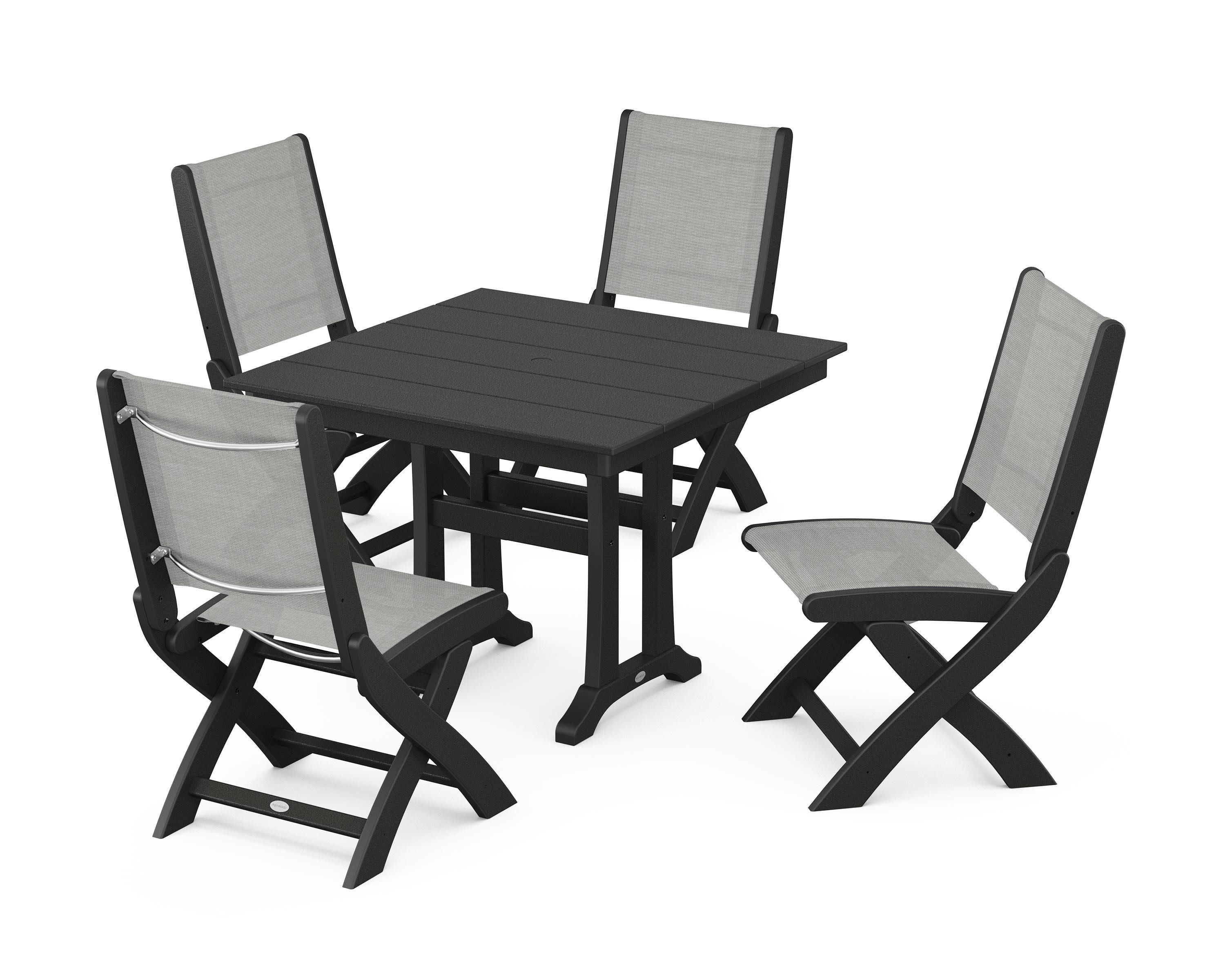 Coastal Folding Side Chair 5-Piece Farmhouse Dining Set With Trestle Legs in Black / Metallic Sling