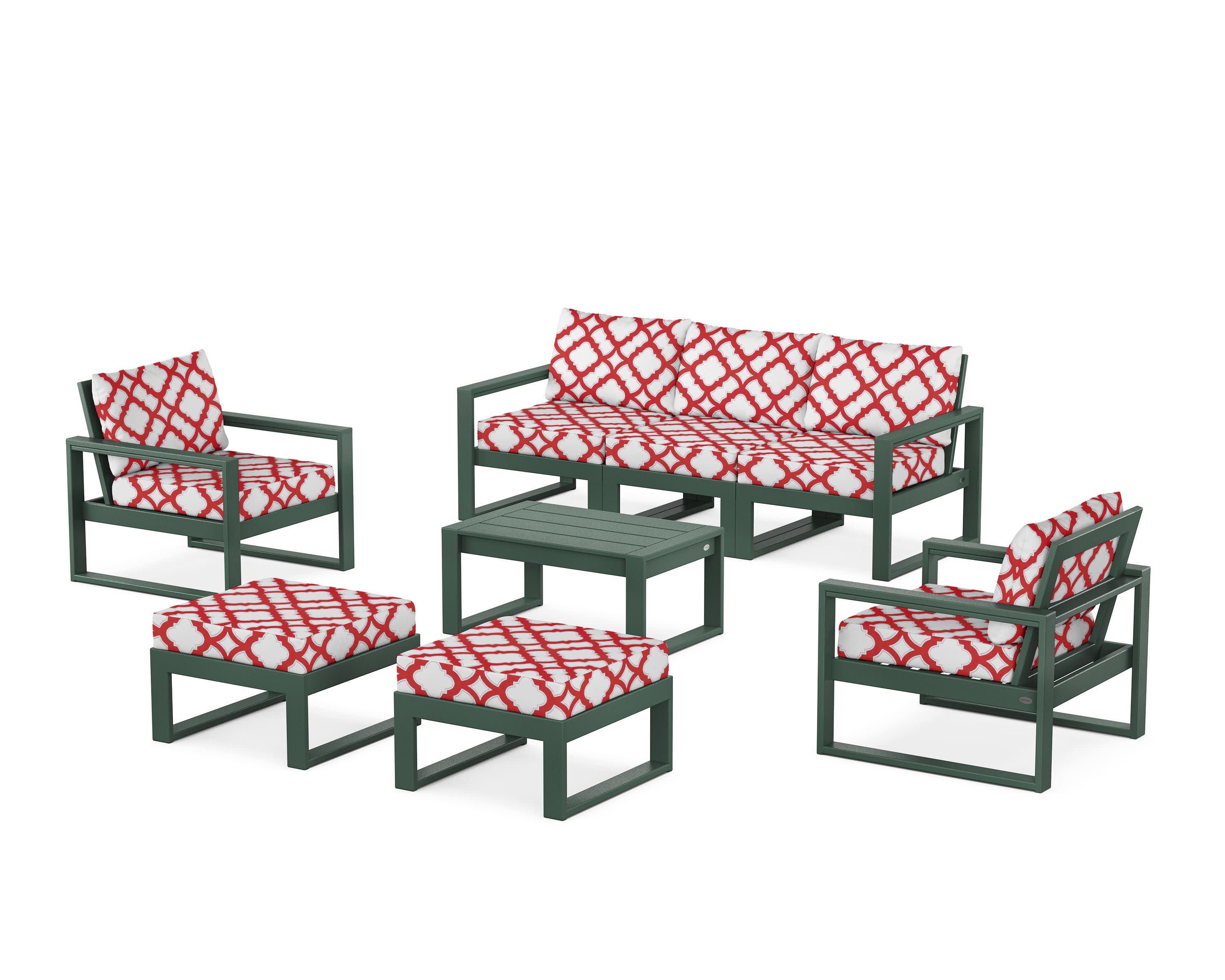 EDGE Sectional 8-Piece Lounge Sofa Set in Green / Trellis Crimson