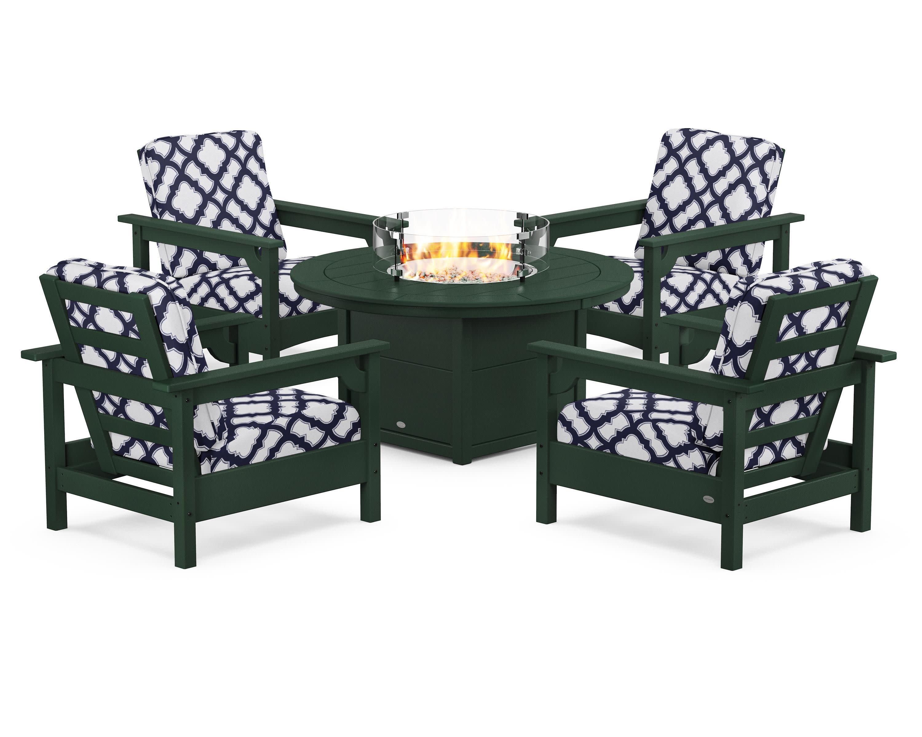 Club 5-Piece Conversation Set with Fire Pit Table in Green / Trellis Navy