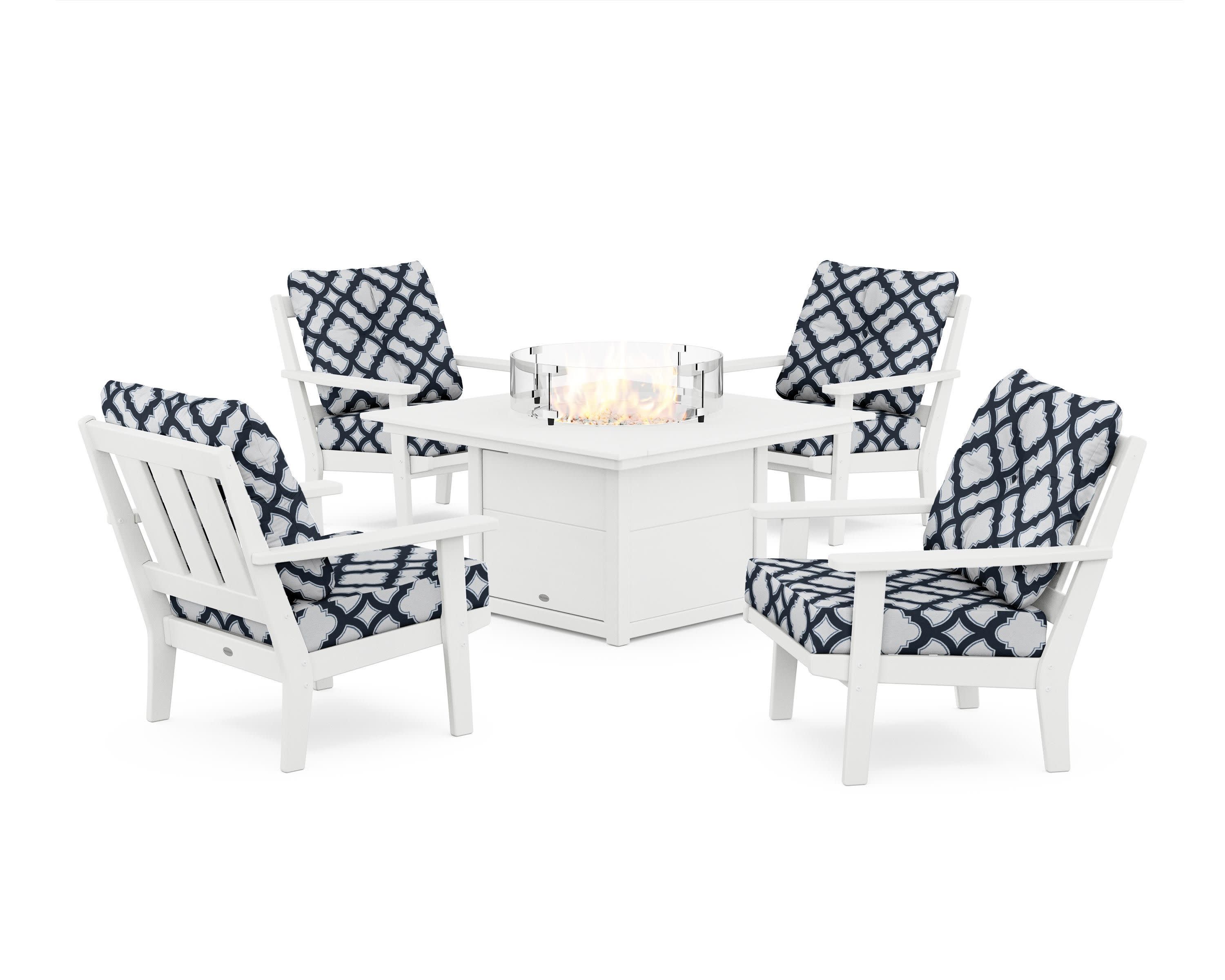 Oxford 5-Piece Deep Seating Set with Fire Pit Table in White / Trellis Marine Indigo