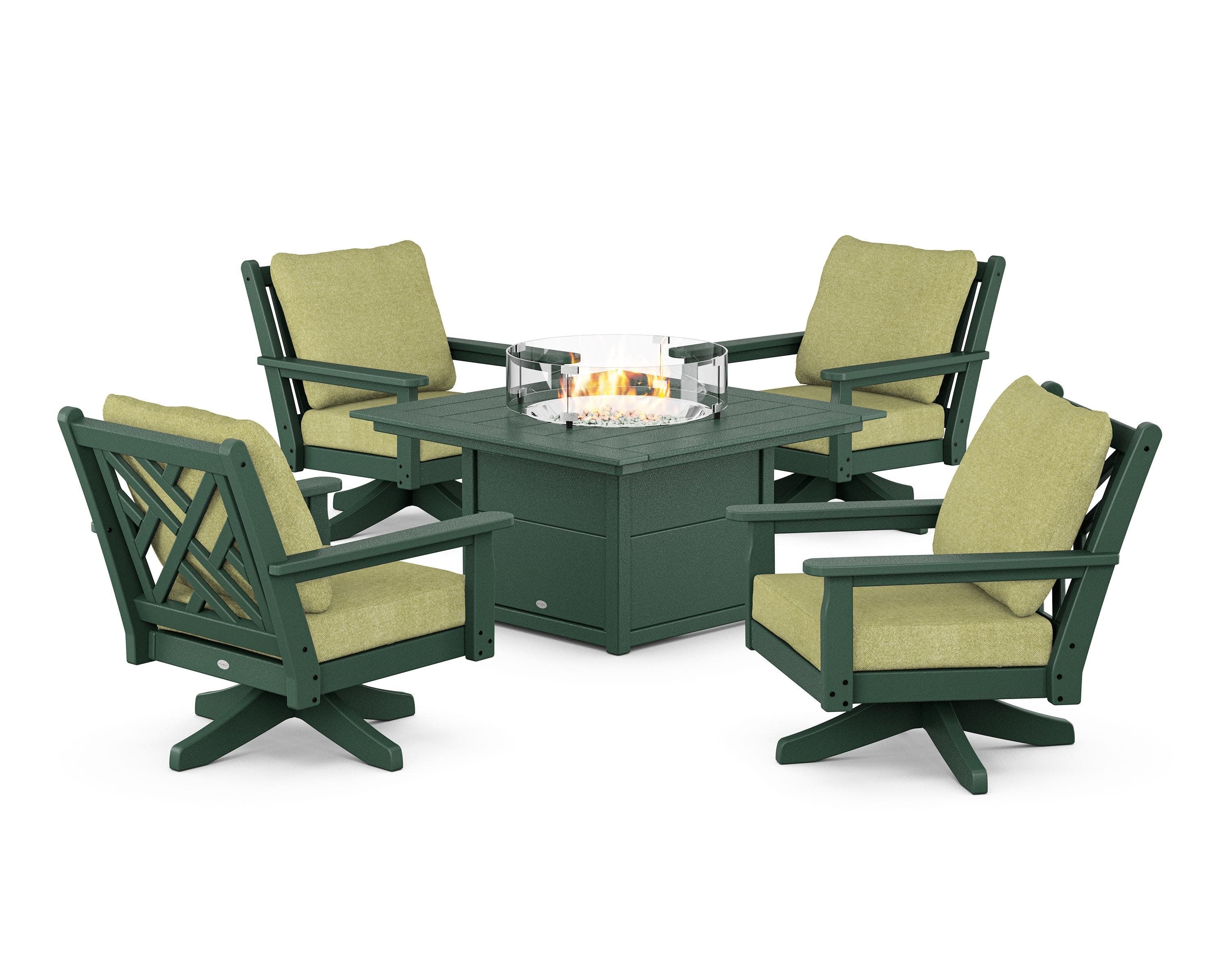Chippendale 5-Piece Deep Seating Swivel Conversation Set with Fire Pit Table in Green / Chartreuse Boucle