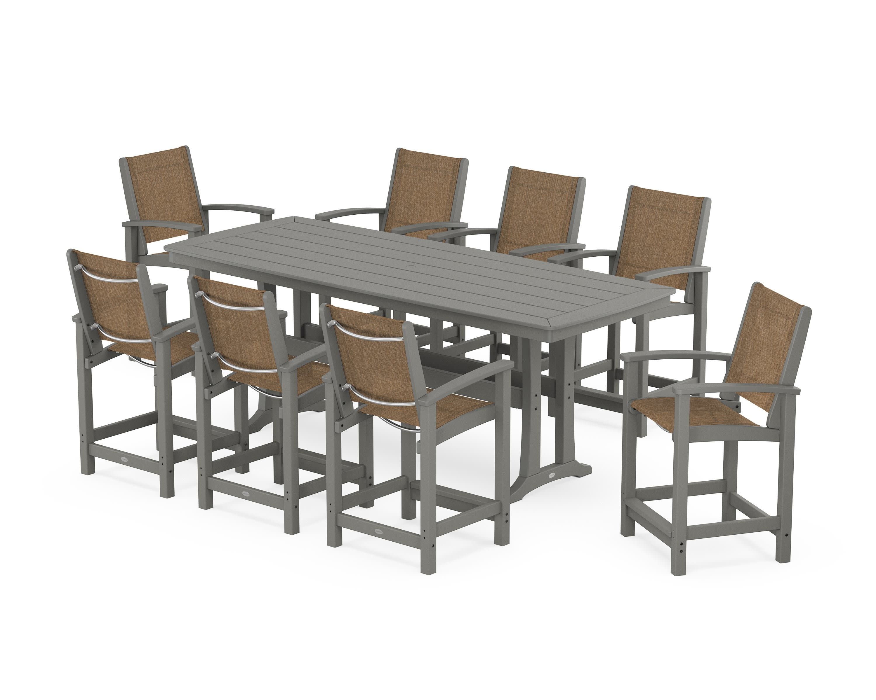 Coastal 9-Piece Counter Set with Trestle Legs in Slate Grey / Burlap Sling