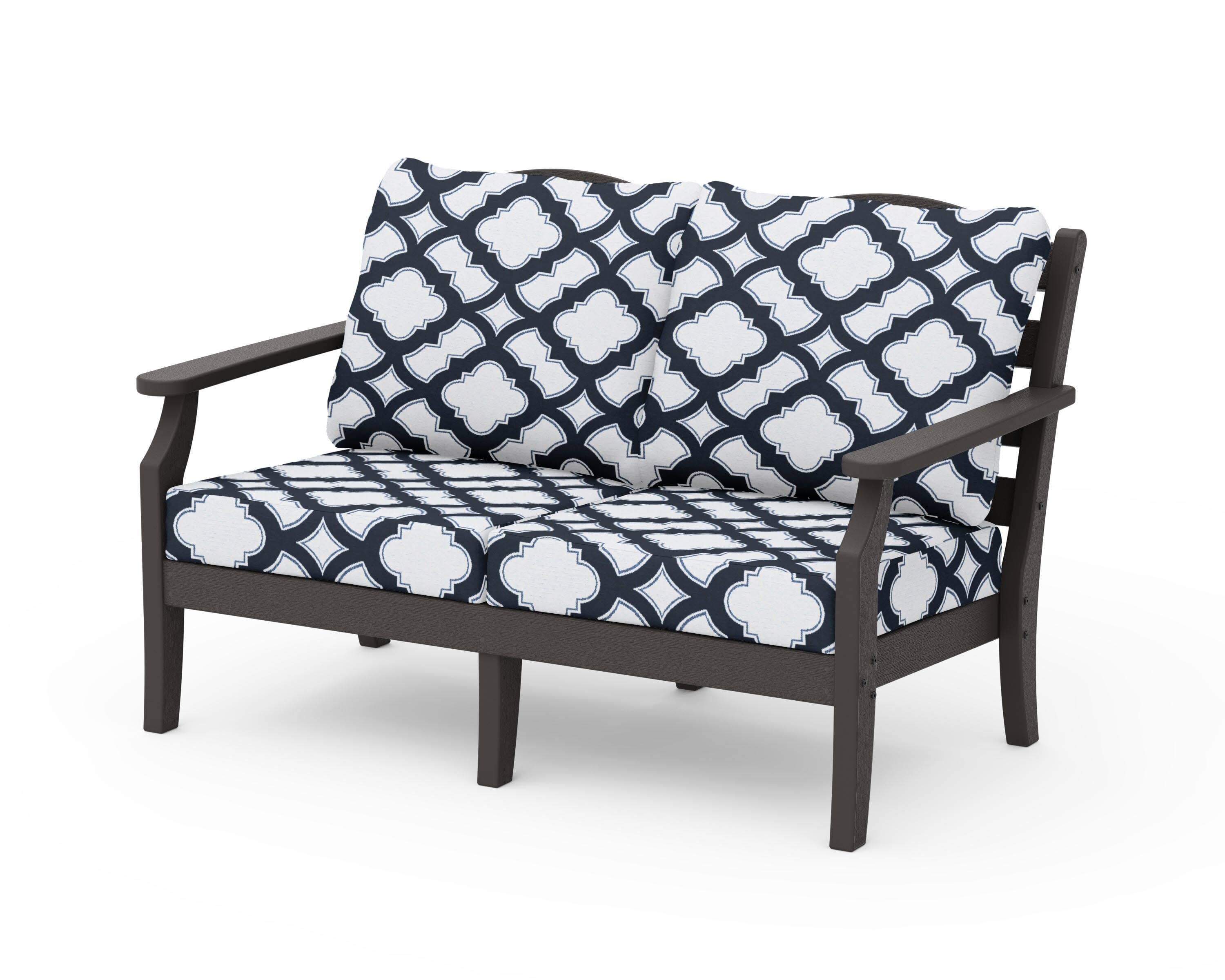 Savannah Deep Seating Loveseat in Vintage Coffee / Trellis Marine Indigo