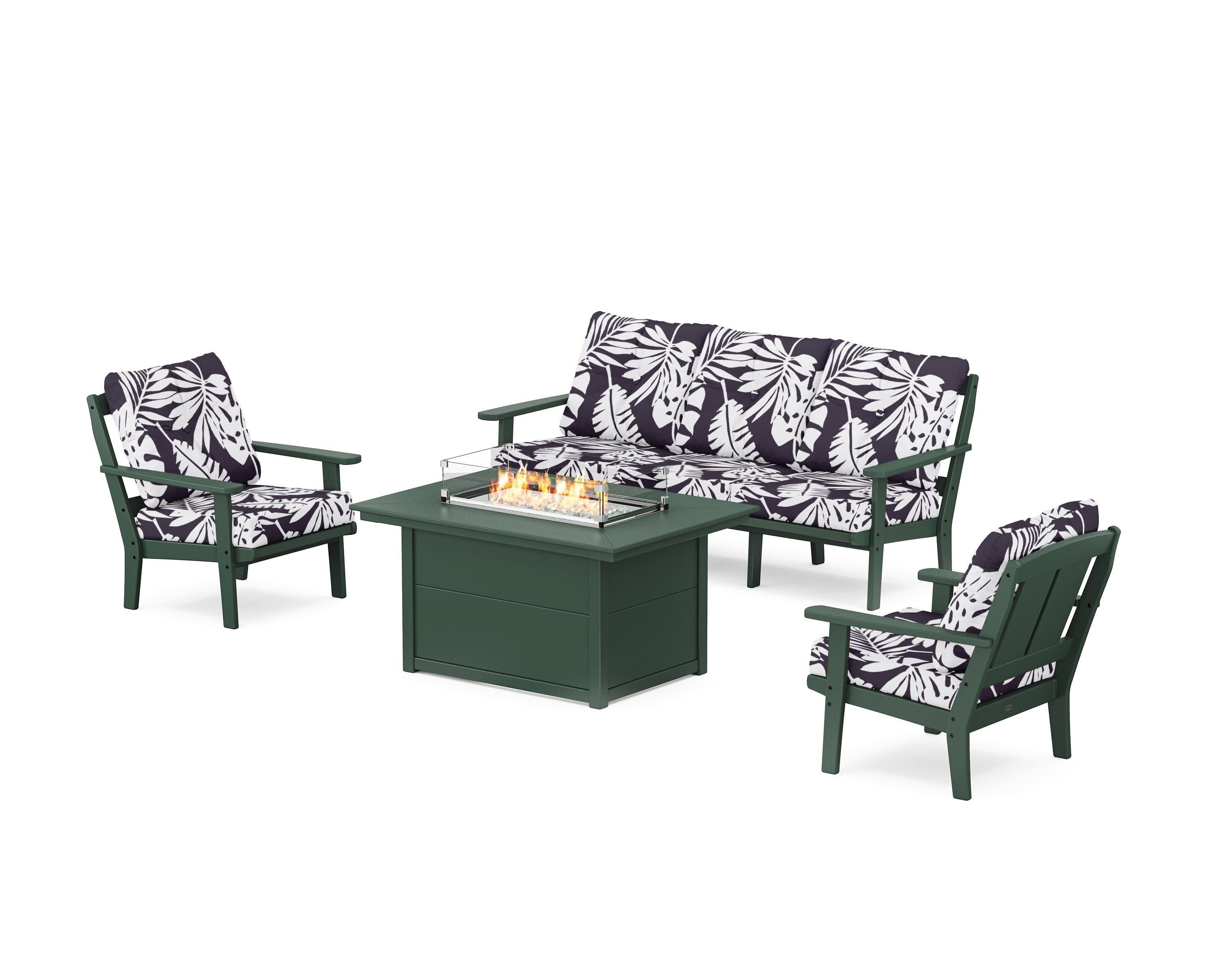 Mission Deep Seating Fire Pit Table Set in Green / Leaf Navy