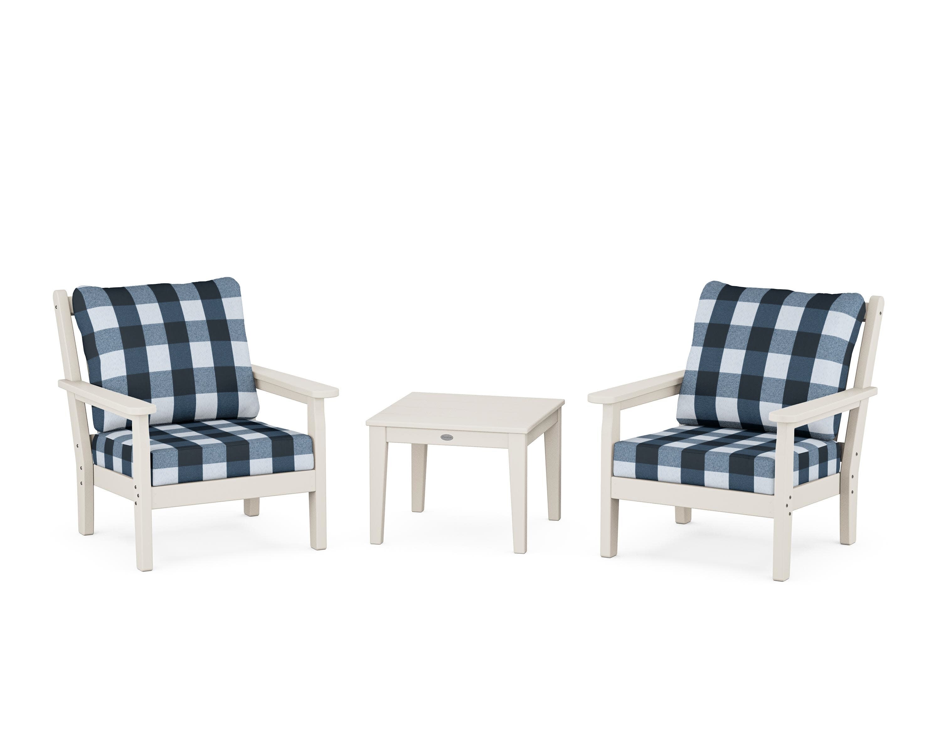 Chippendale 3-Piece Deep Seating Set in Sand / Buffalo Plaid Marine Indigo