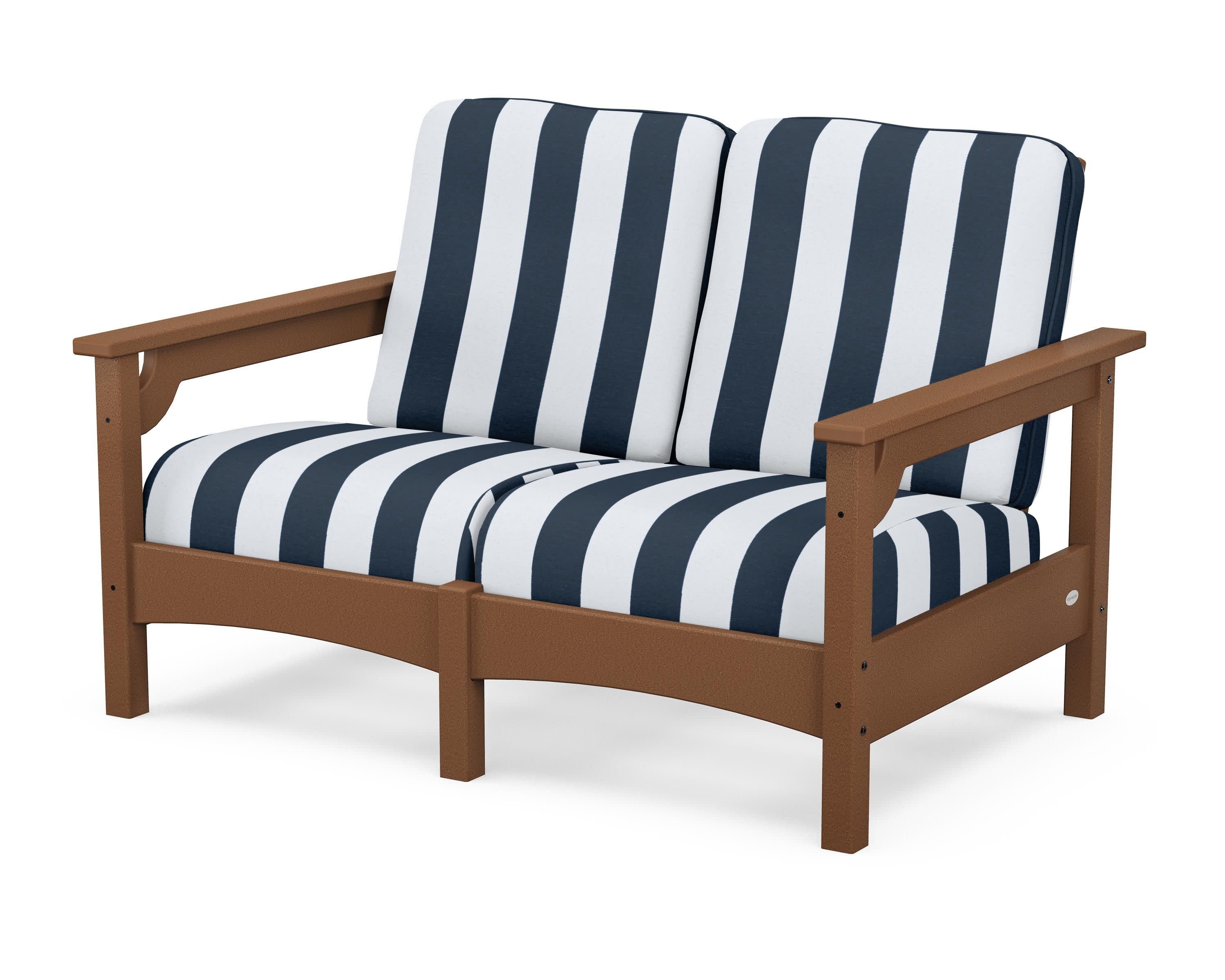 Club Loveseat in Teak / Cabana Stripe Marine Indigo
