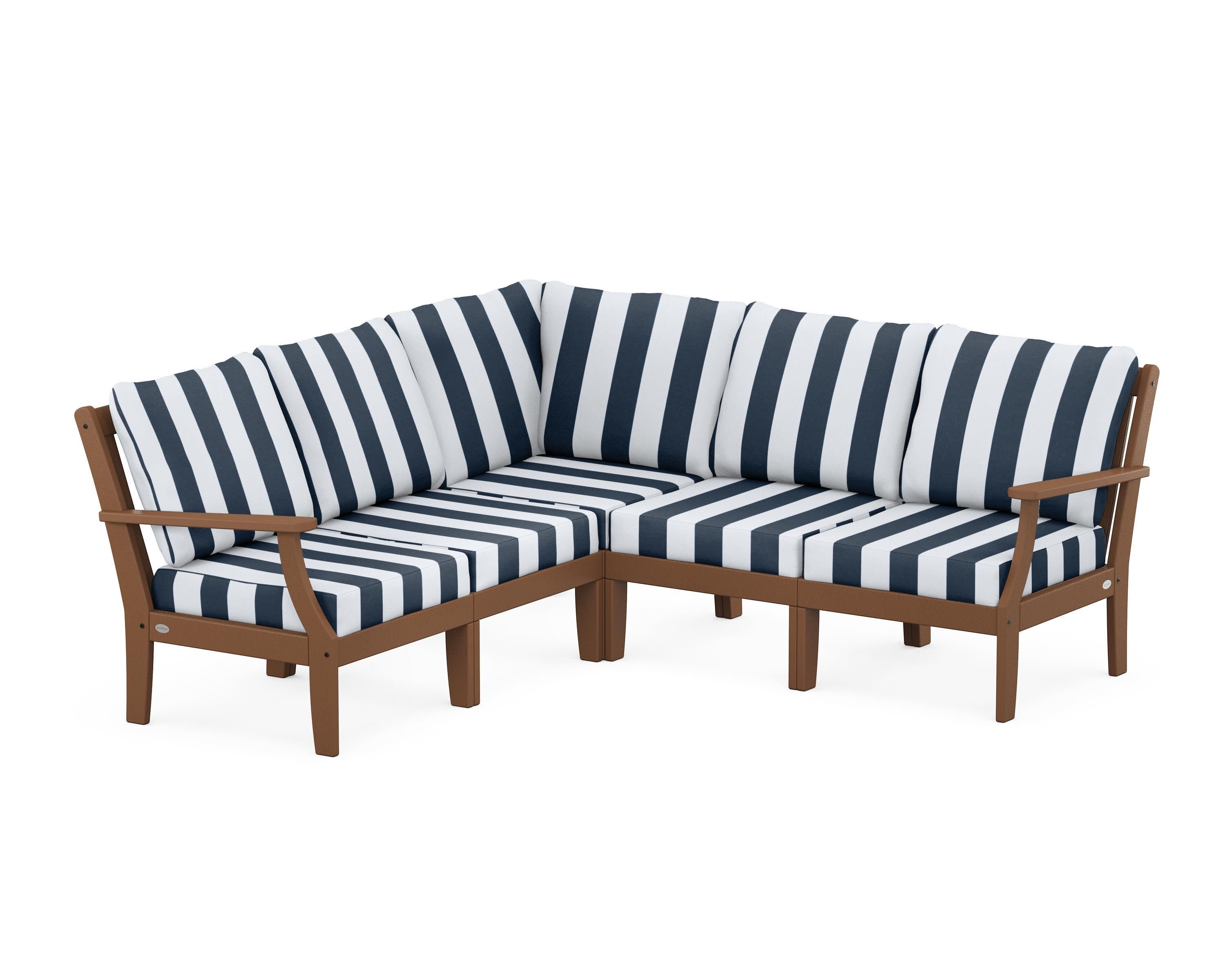 Braxton Modular 5-Piece Deep Seating Set in Teak / Cabana Stripe Marine Indigo