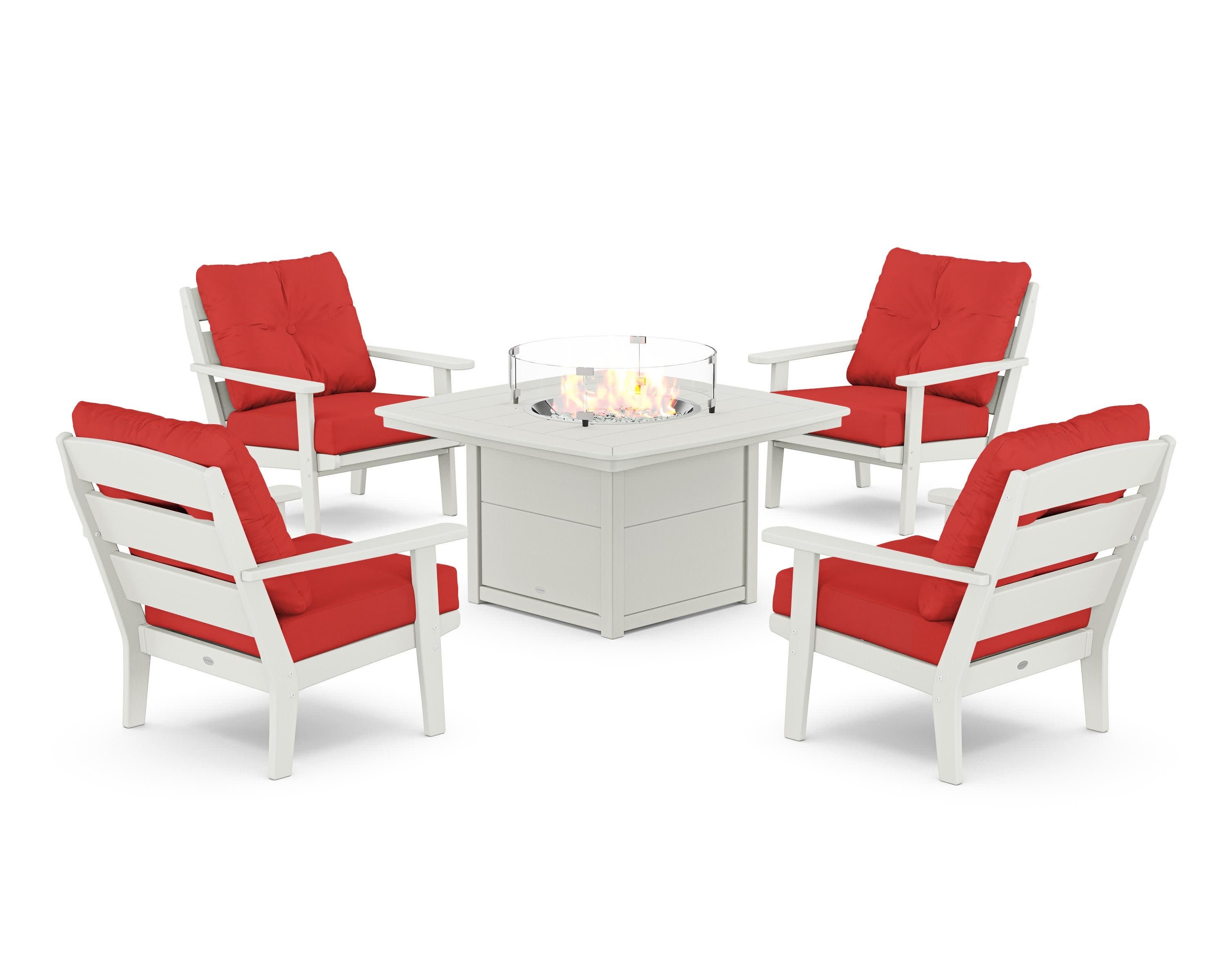 Lakeside 5-Piece Deep Seating Set with Nautical Fire Pit Table in Vintage White / Crimson Linen