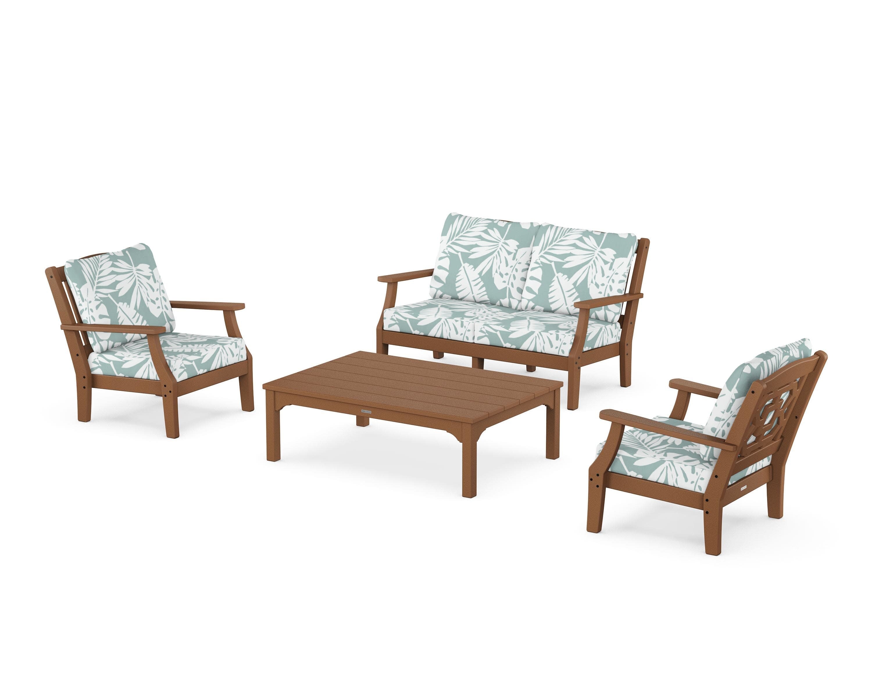 Chinoiserie 4-Piece Deep Seating Set with Loveseat in Teak / Leaf Glacier Spa