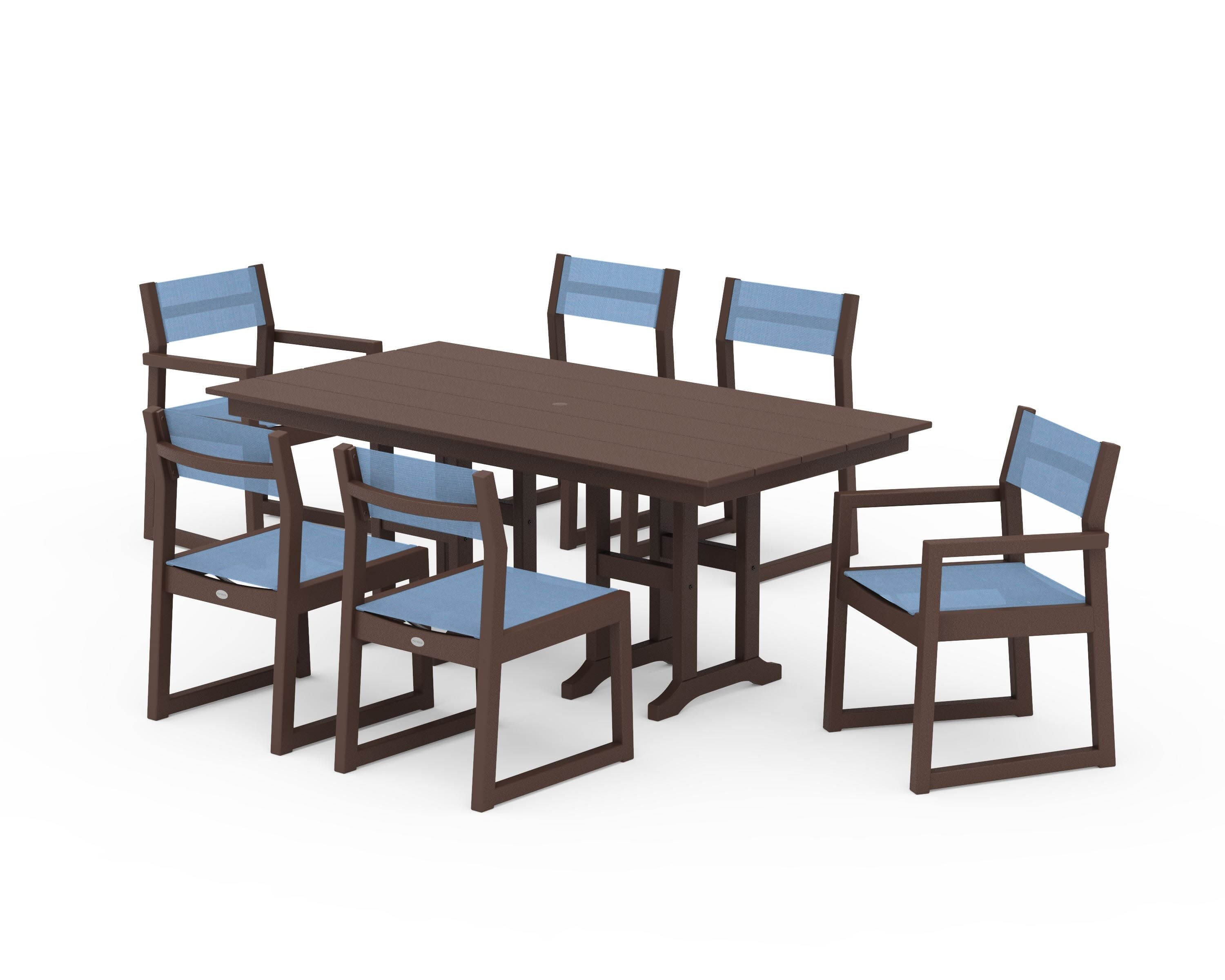 EDGE Sling 7-Piece Farmhouse Dining Set in Mahogany / Poolside Sling