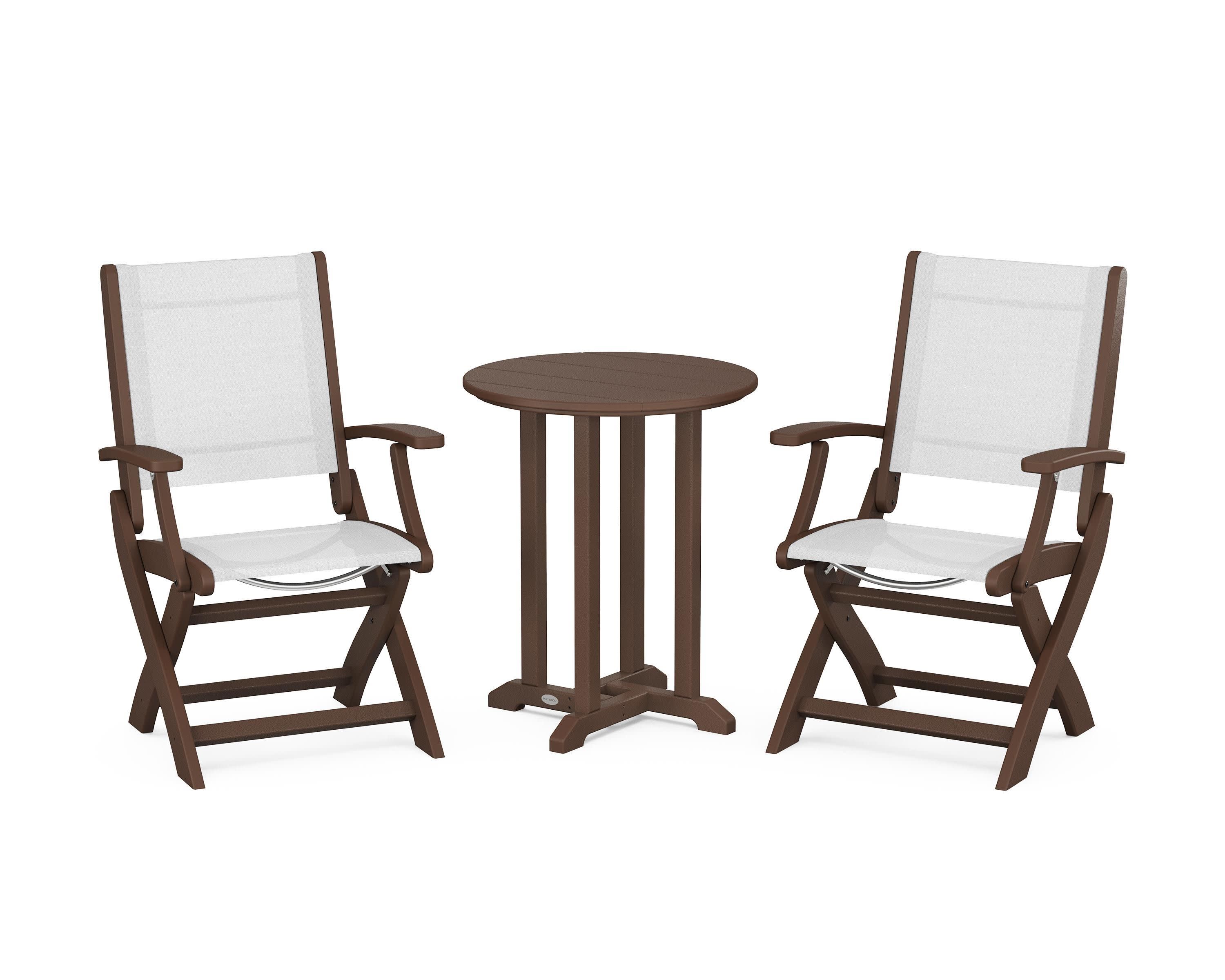 Coastal Folding 3-Piece Round Bistro Dining Set in Mahogany / White Sling