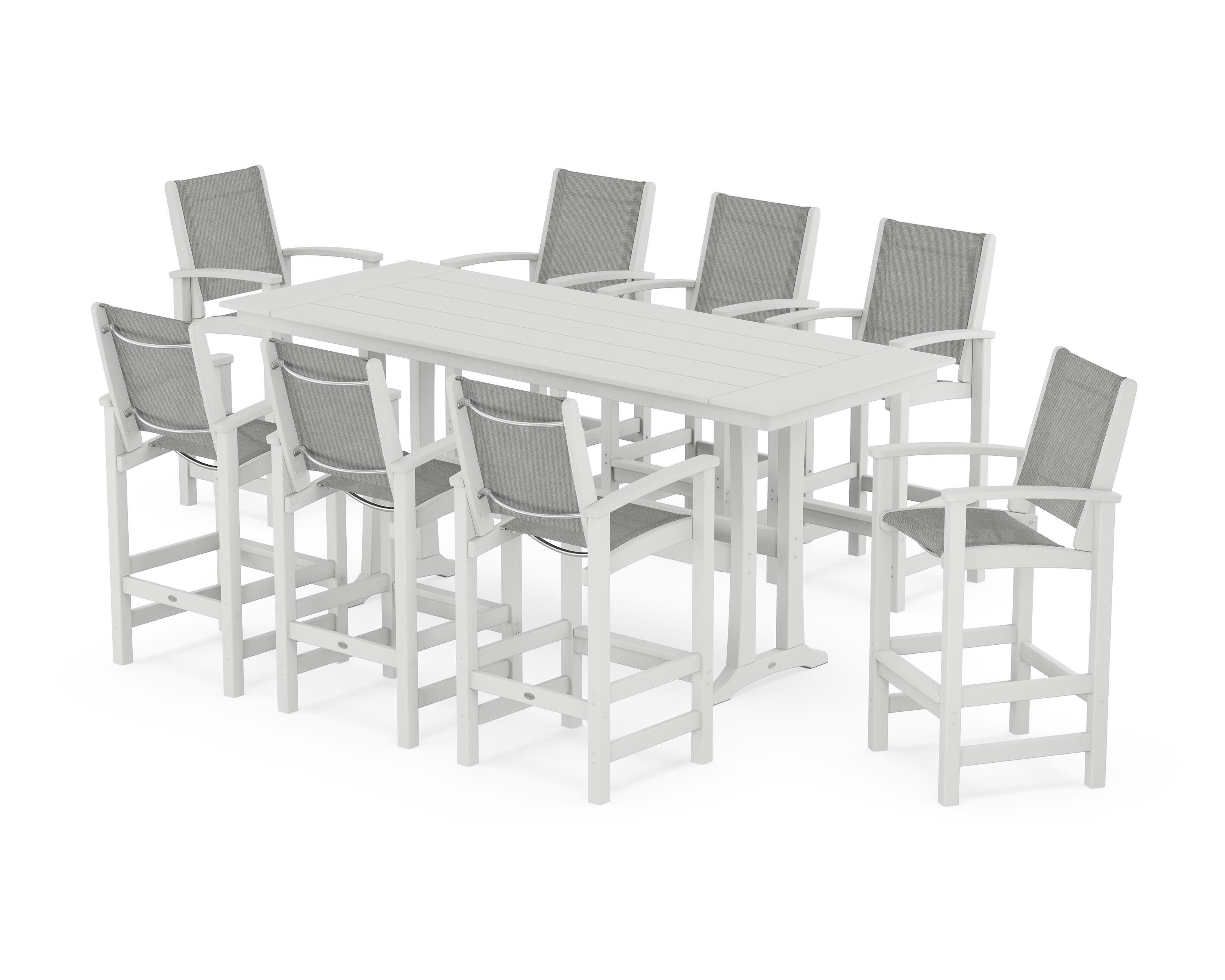 Coastal 9-Piece Farmhouse Bar Set with Trestle Legs in White / Metallic Sling