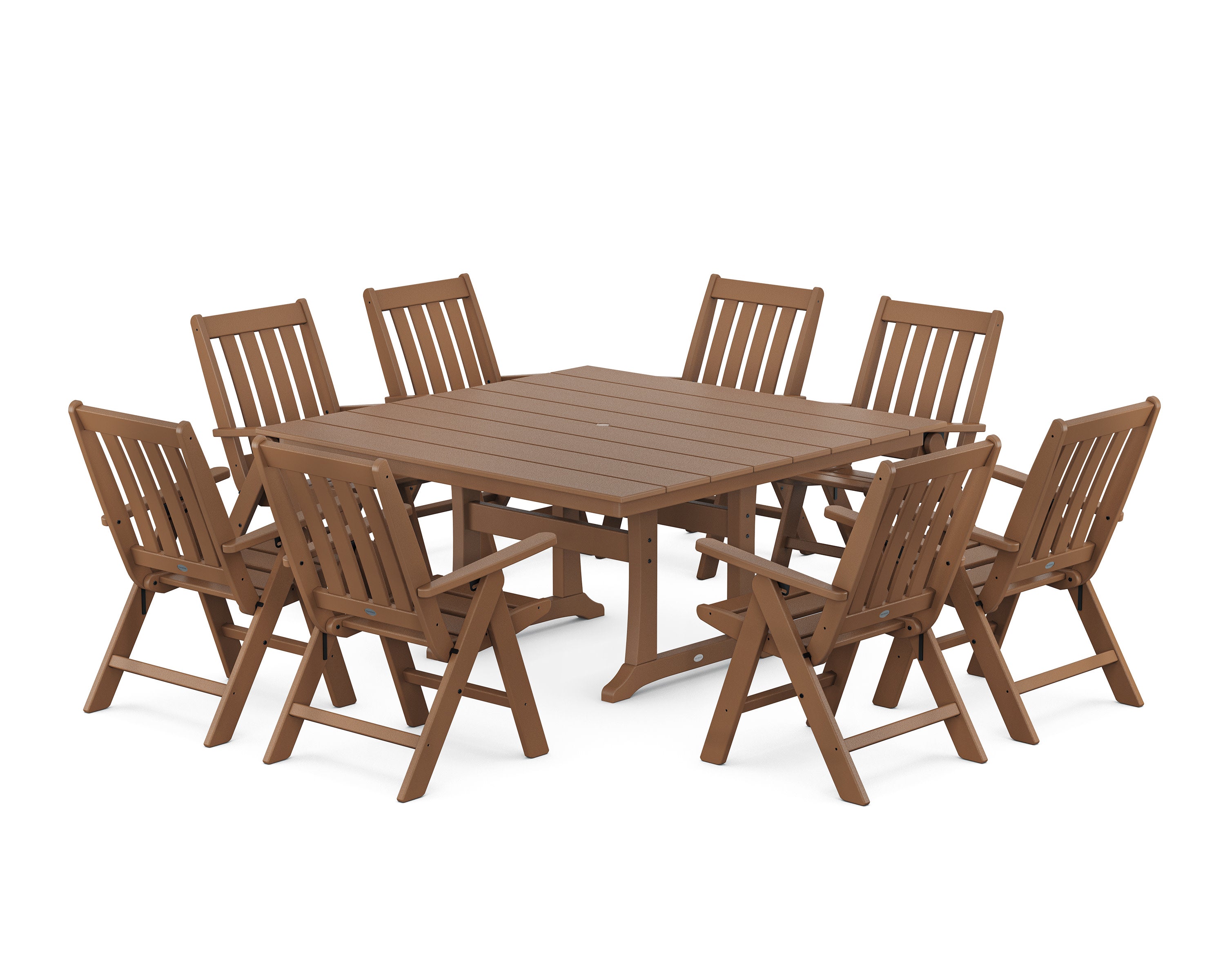 Vineyard Folding Chair 9-Piece Square Farmhouse Dining Set with Trestle Legs in Teak