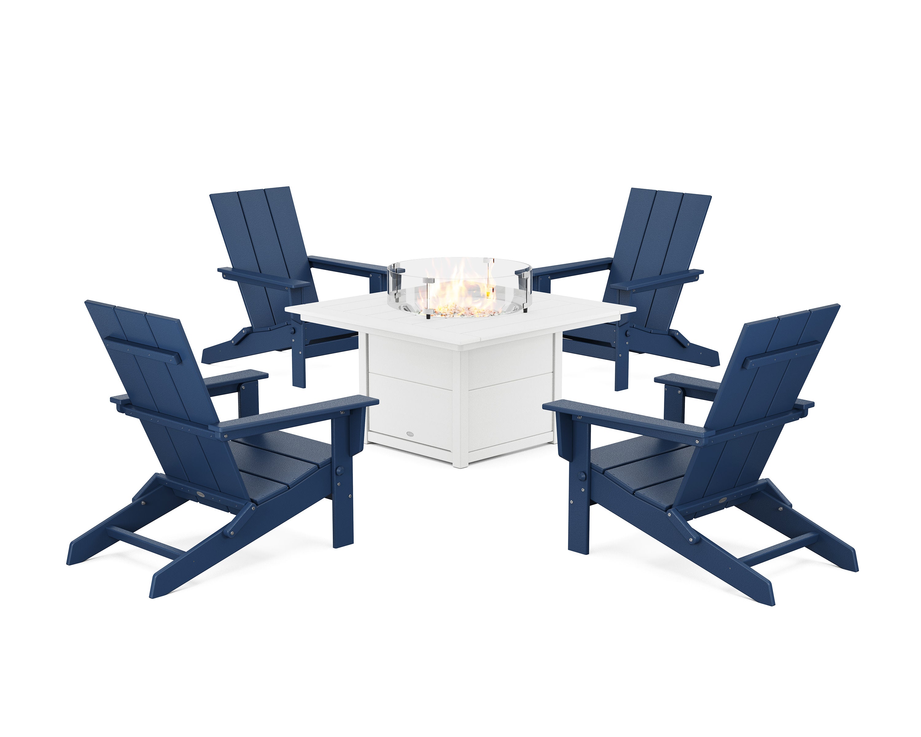 5-Piece Modern Studio Folding Adirondack Conversation Set with Fire Pit Table in Navy / White