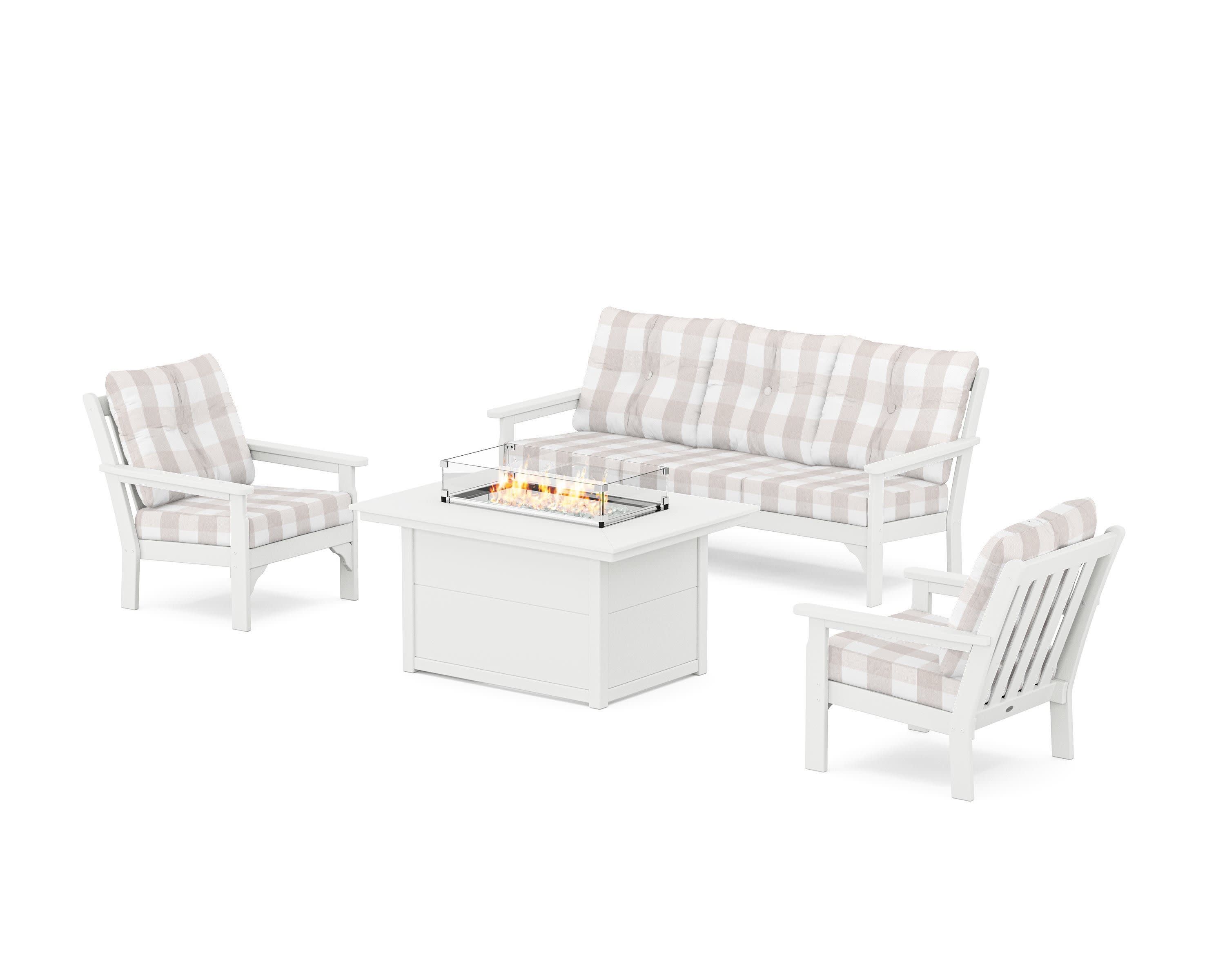 Vineyard Deep Seating Fire Pit Table Set in White / Buffalo Plaid Dune Burlap