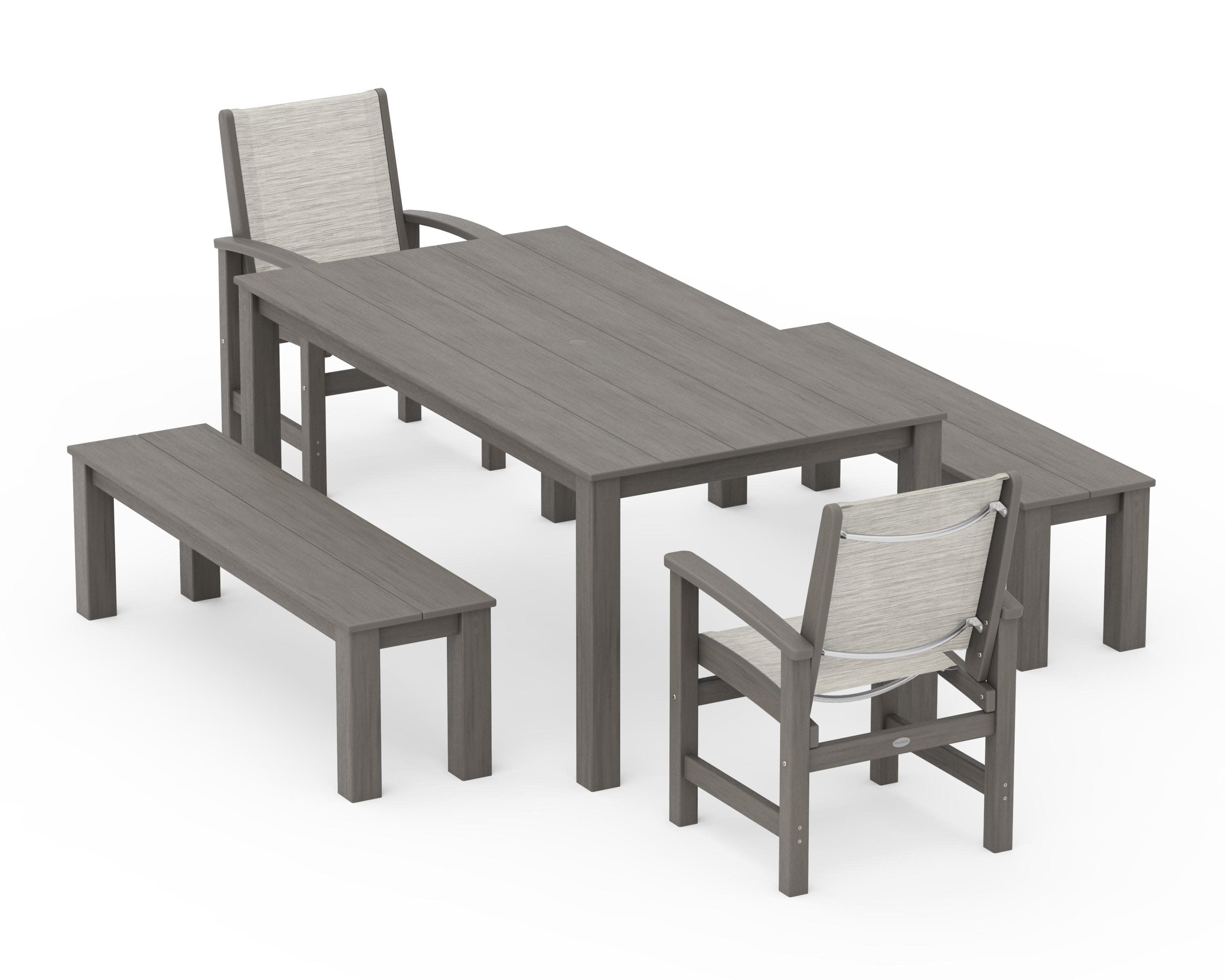 Coastal 5-Piece Parsons Dining Set with Benches in Driftwood / Birch Sling