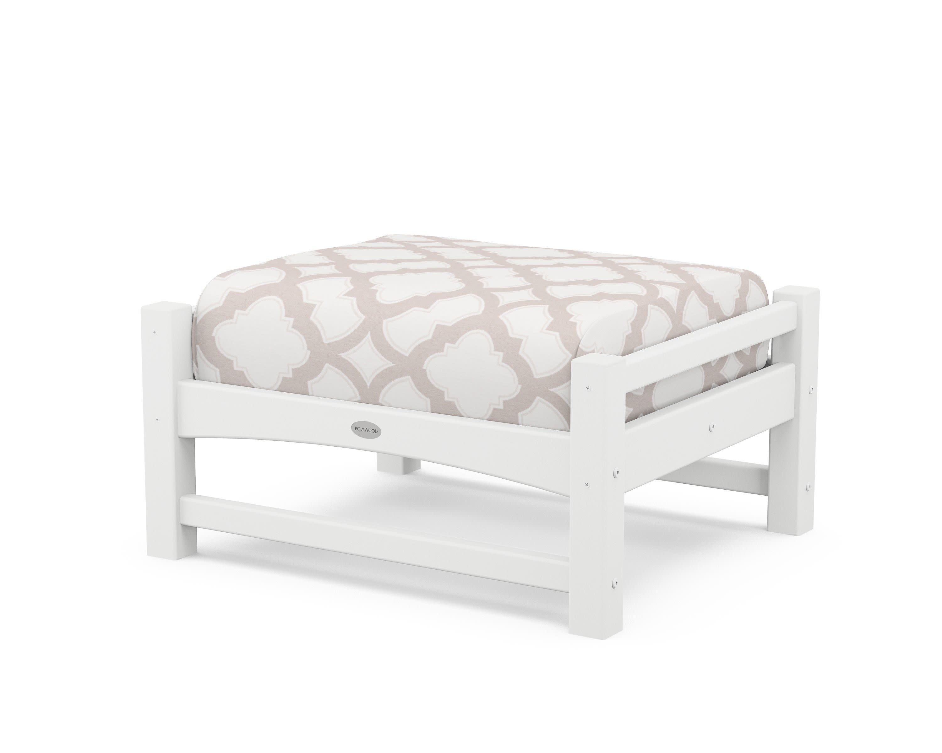 Club Ottoman in White / Trellis Dune Burlap