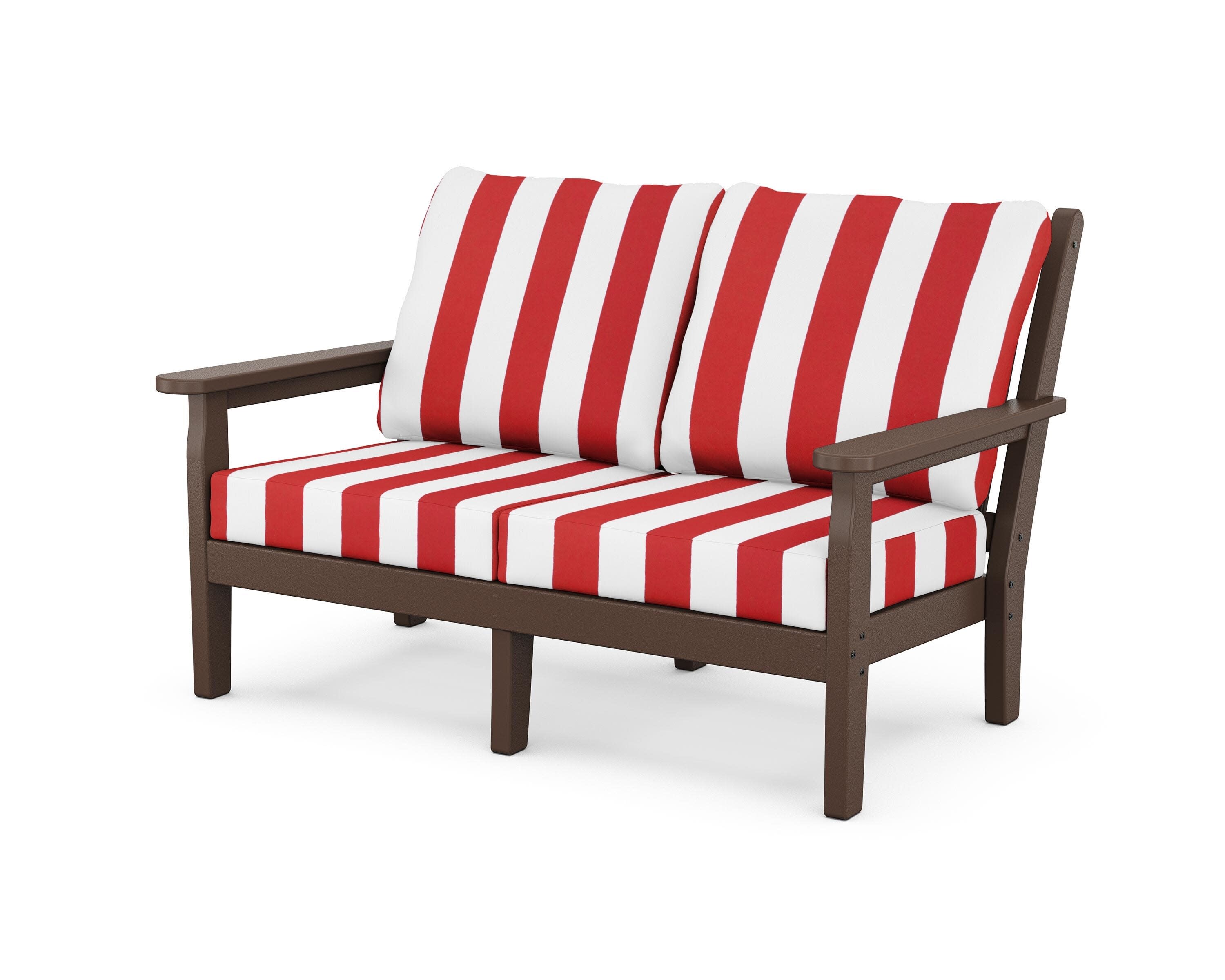 Chippendale Deep Seating Loveseat in Mahogany / Cabana Stripe Crimson