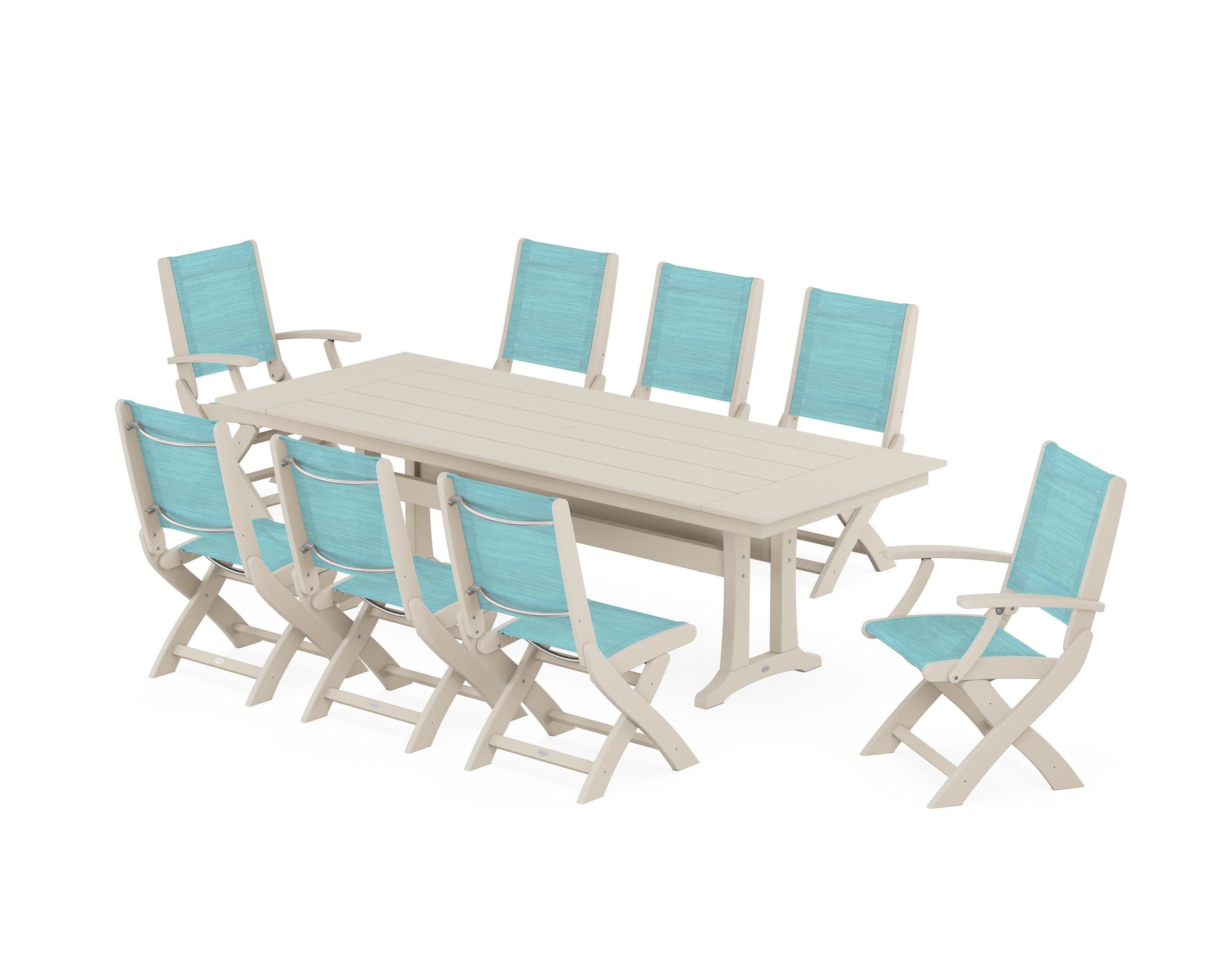 Coastal 9-Piece Folding Dining Chair Farmhouse Dining Set with Trestle Legs in Sand / Dupioni Aquamarine Sling