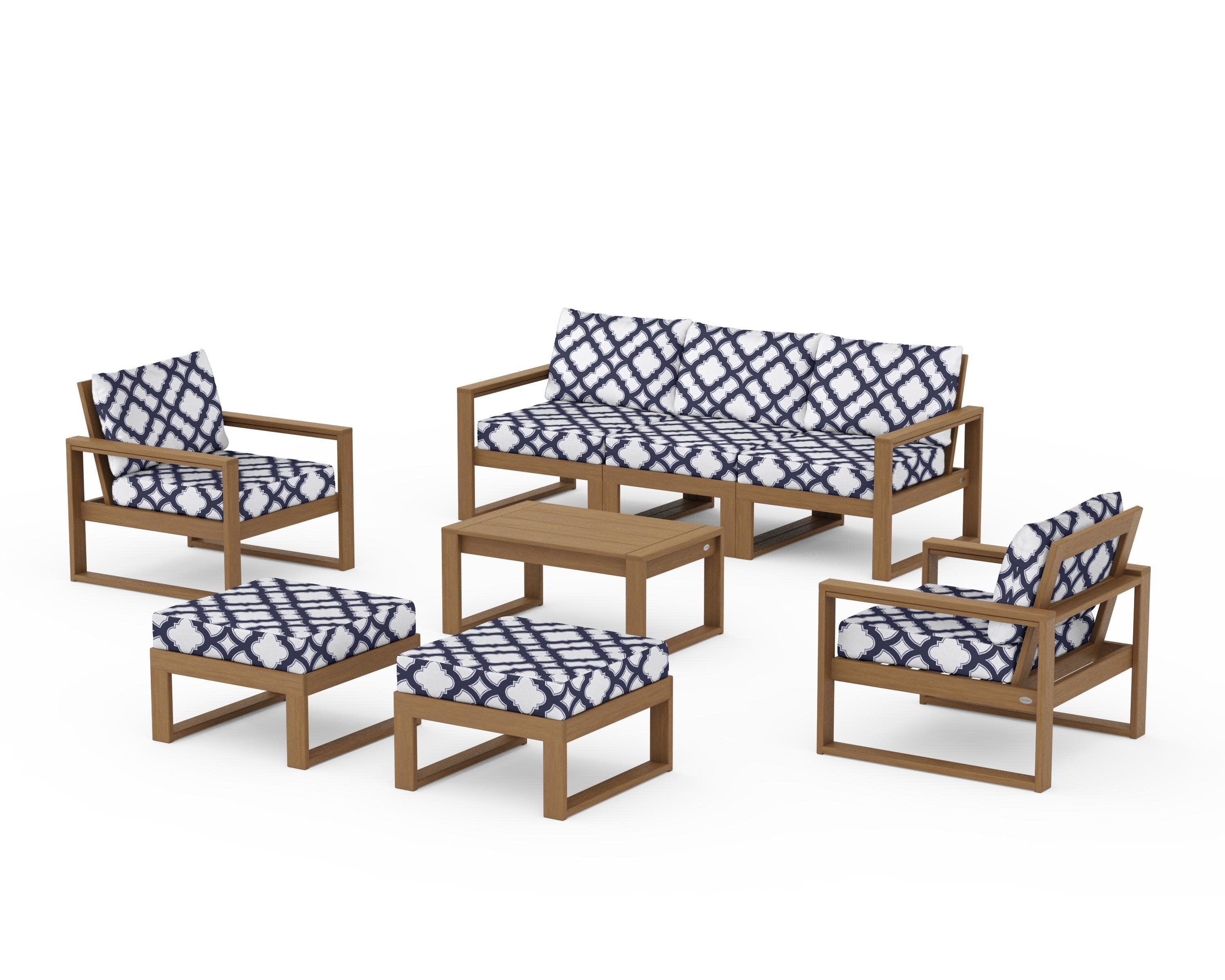 EDGE Sectional 8-Piece Lounge Sofa Set in Natural / Trellis Navy