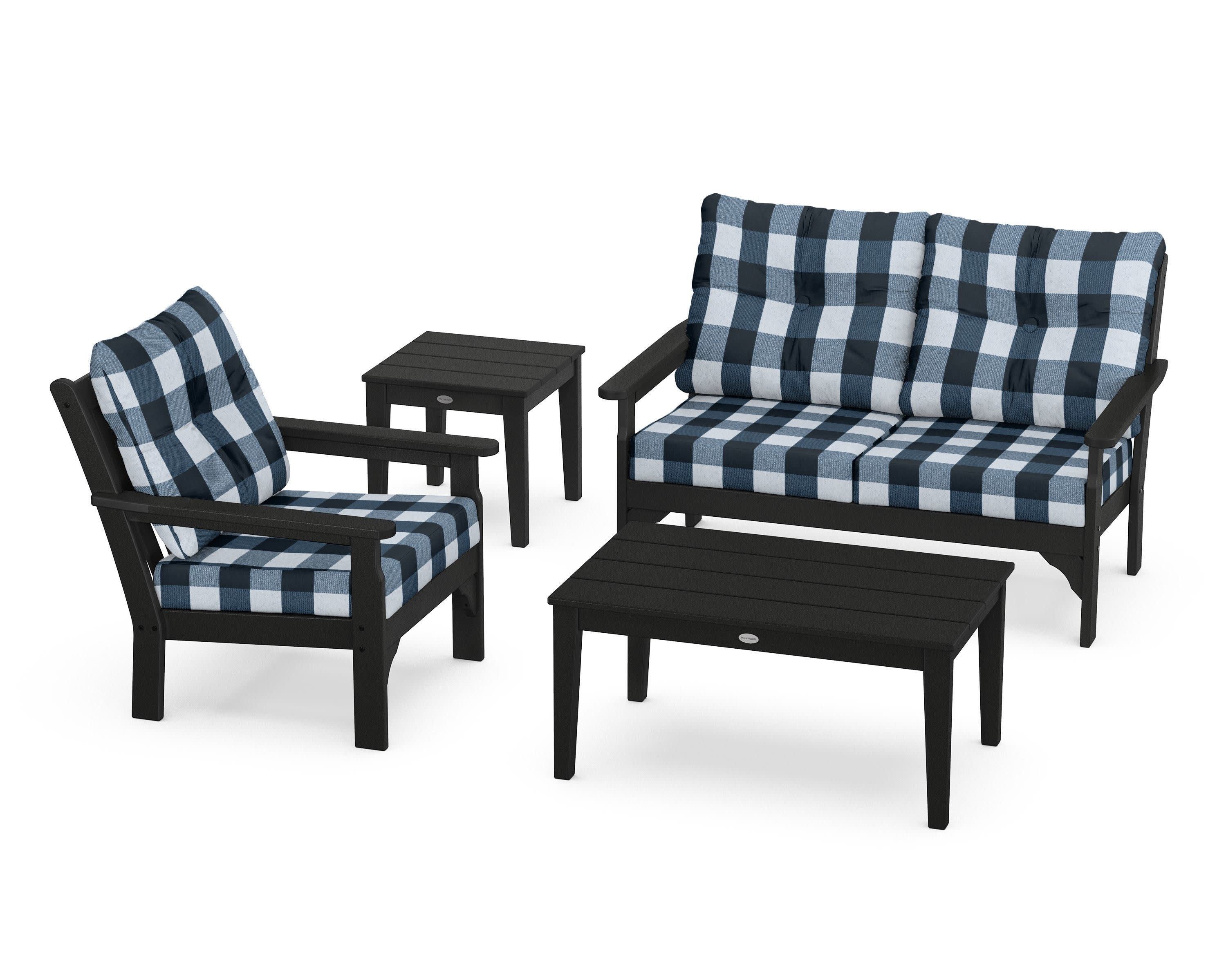 Vineyard 4-Piece Deep Seating Set in Black / Buffalo Plaid Marine Indigo