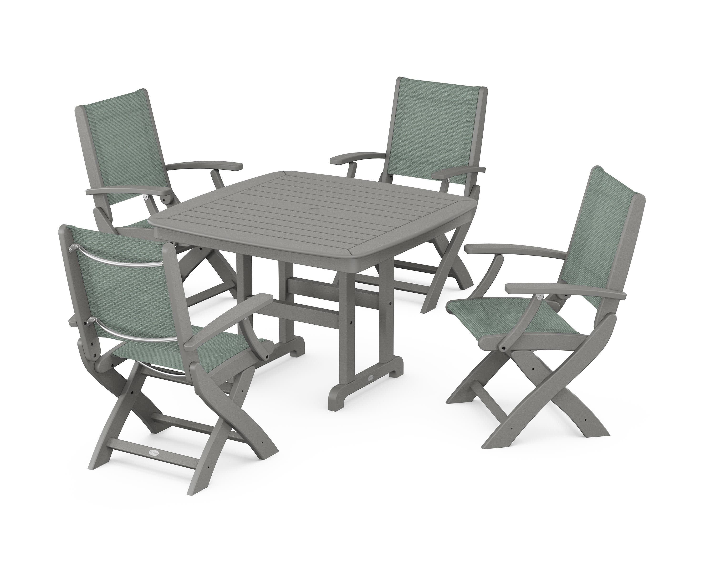 Coastal Folding Chair 5-Piece Dining Set in Slate Grey / Dupioni Sea Mist Sling