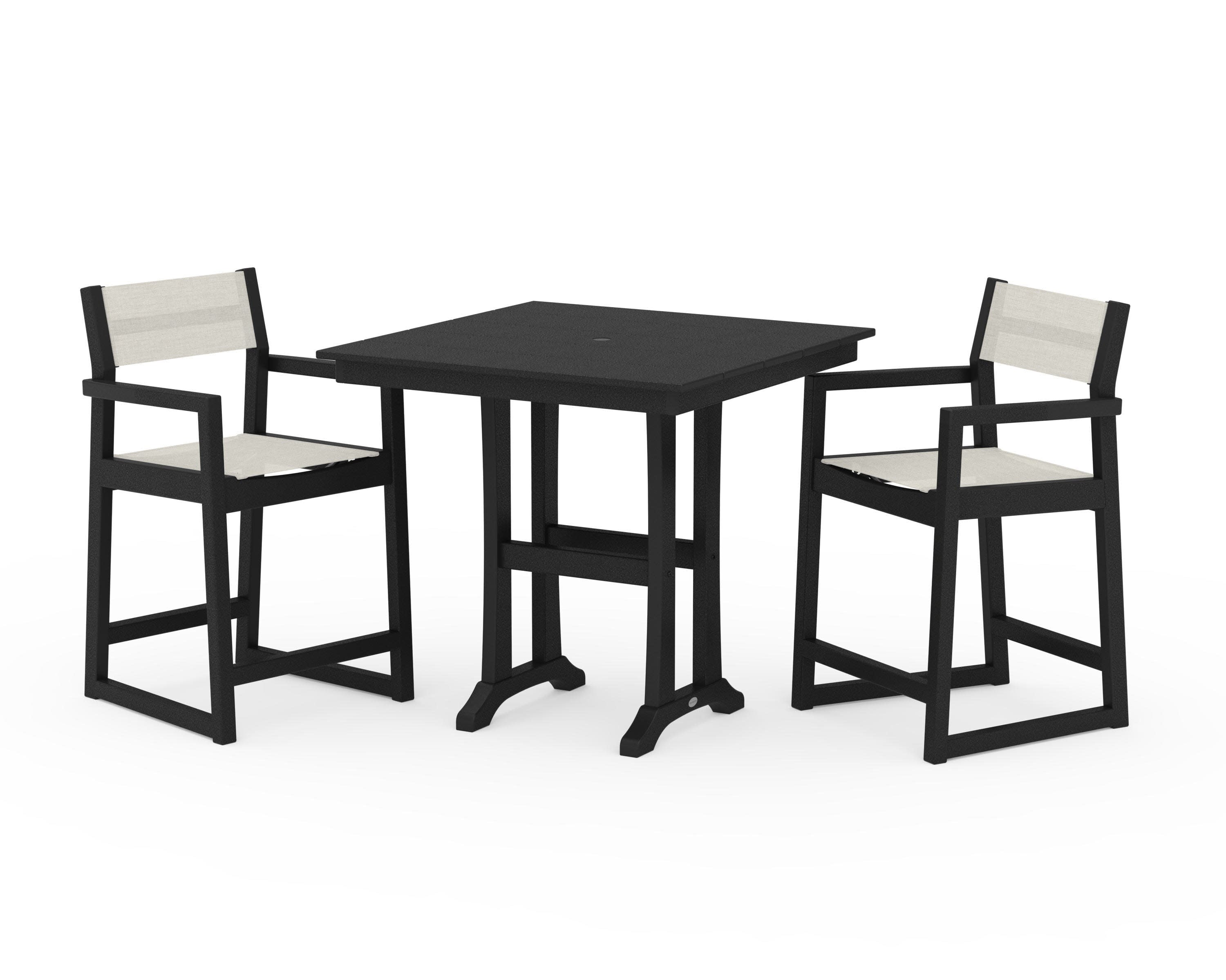 EDGE Sling Arm Chair 3-Piece Farmhouse Counter Set with Trestle Legs in Black / Parchment Sling
