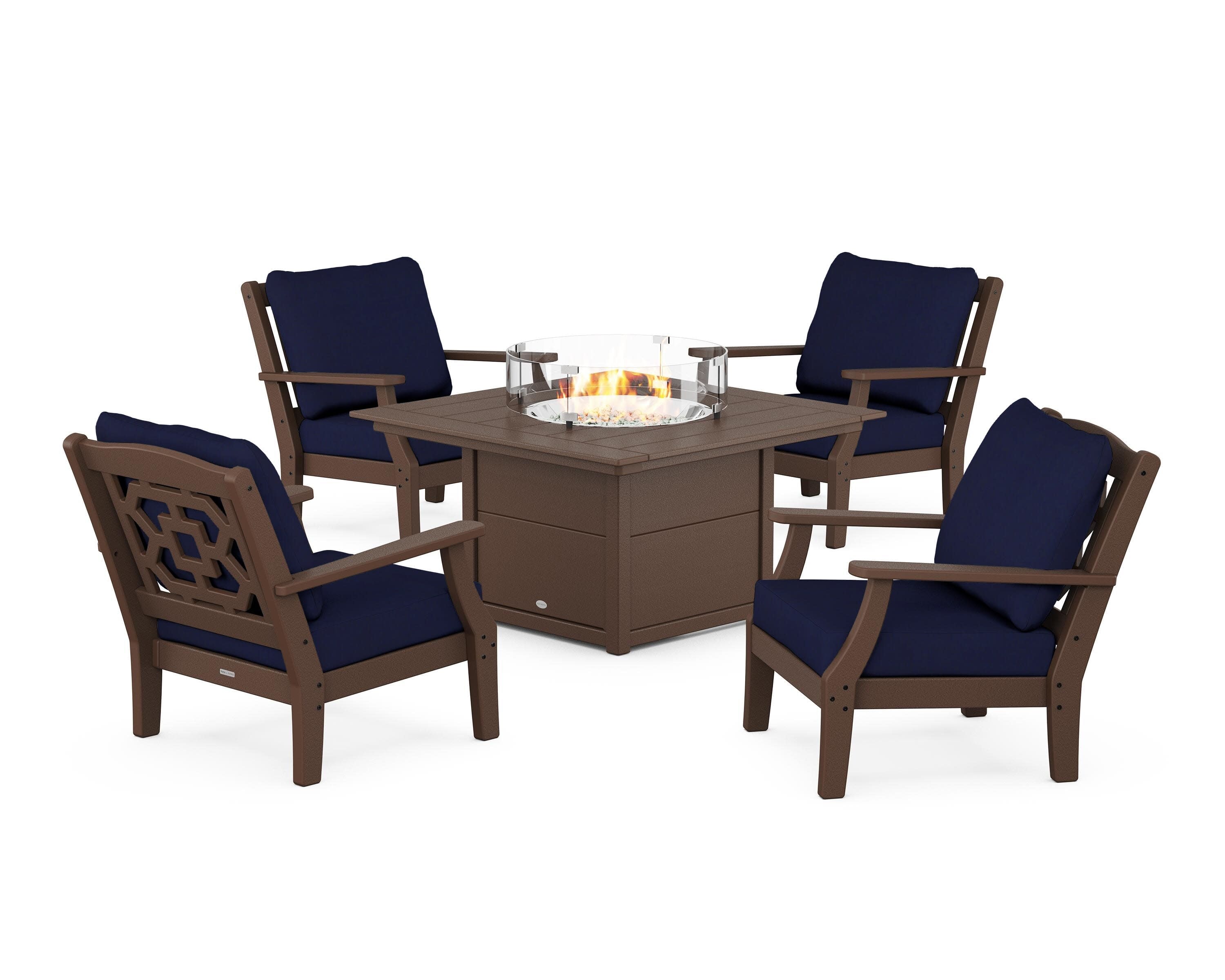 Chinoiserie 5-Piece Deep Seating Set with Fire Pit Table in Mahogany / Navy