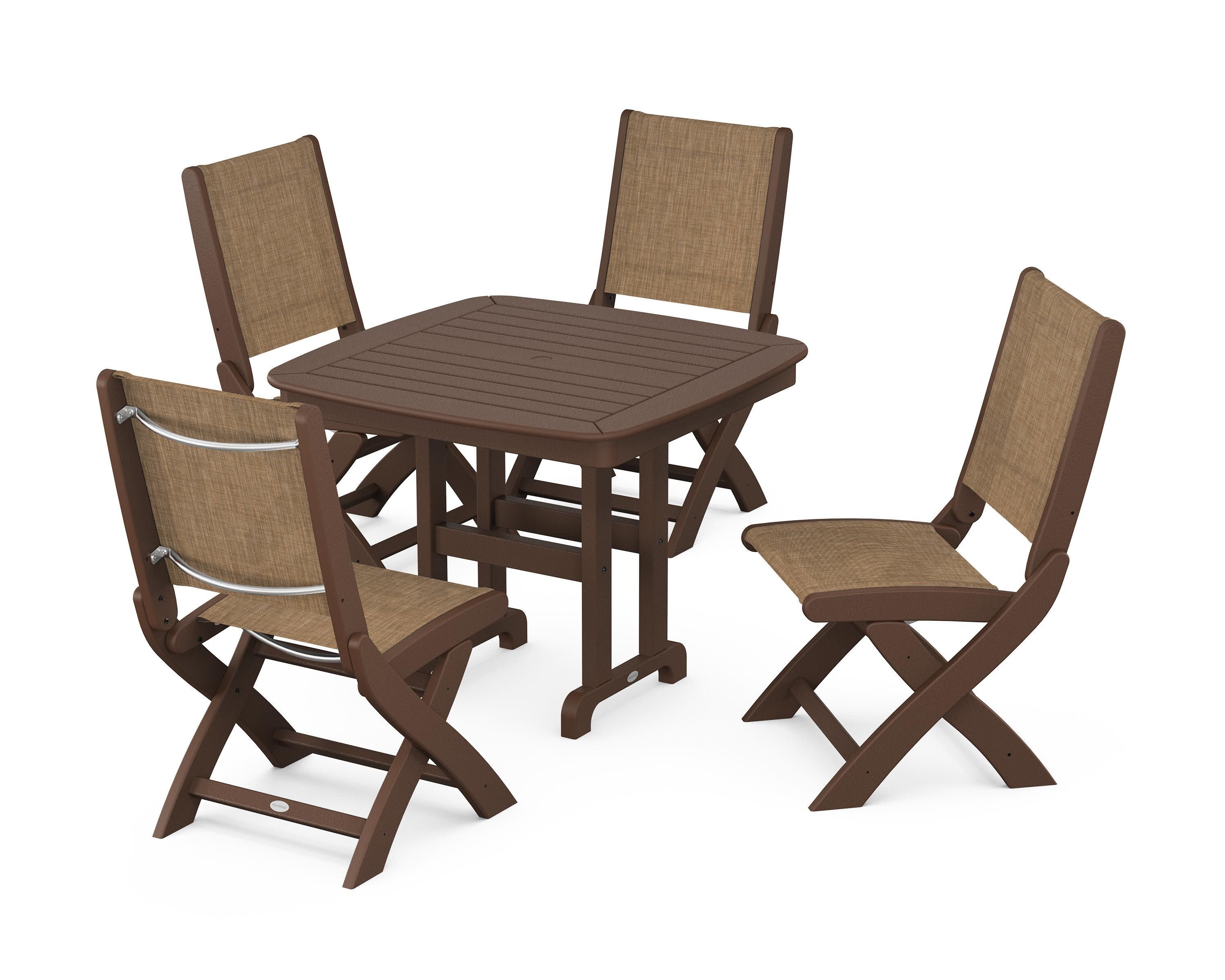Coastal Folding Side Chair 5-Piece Dining Set in Mahogany / Burlap Sling