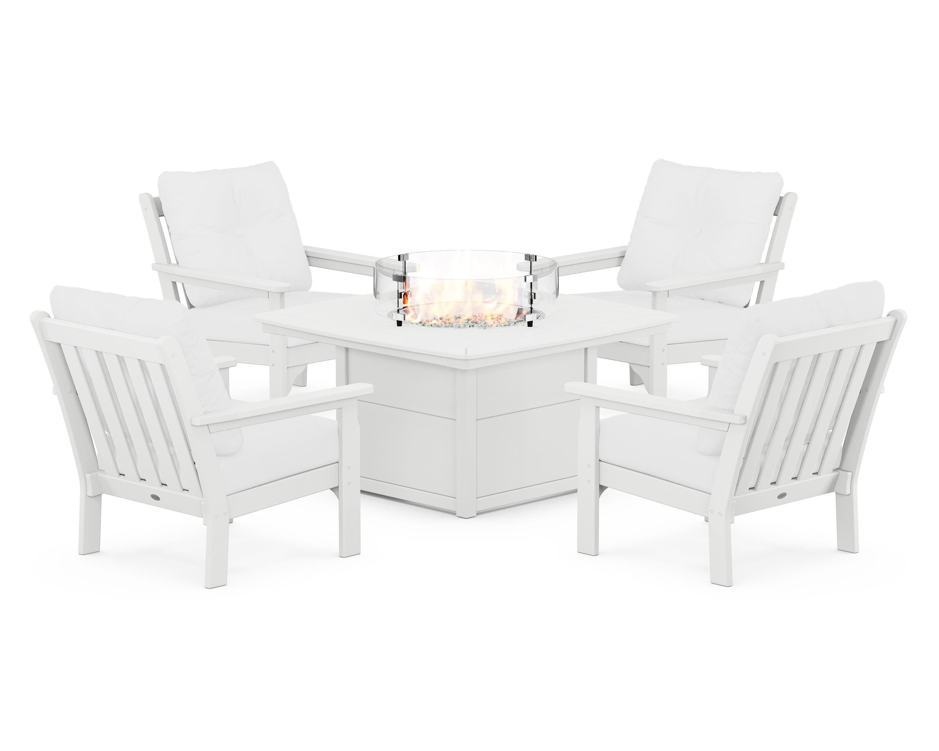 Vineyard 5-Piece Conversation Set with Fire Pit Table in White / Natural
