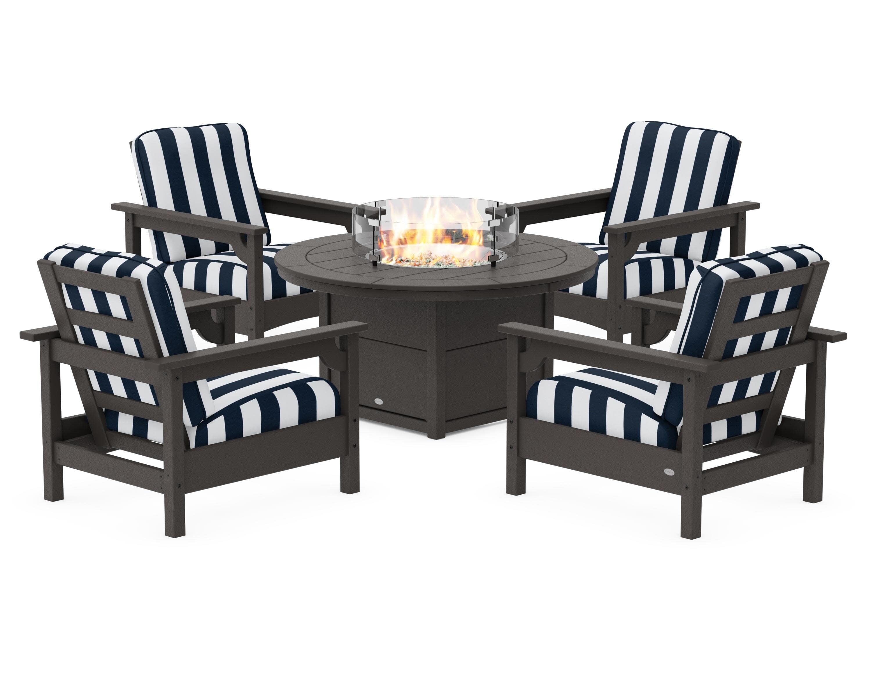 Club 5-Piece Conversation Set with Fire Pit Table in Vintage Coffee / Cabana Stripe Marine Indigo