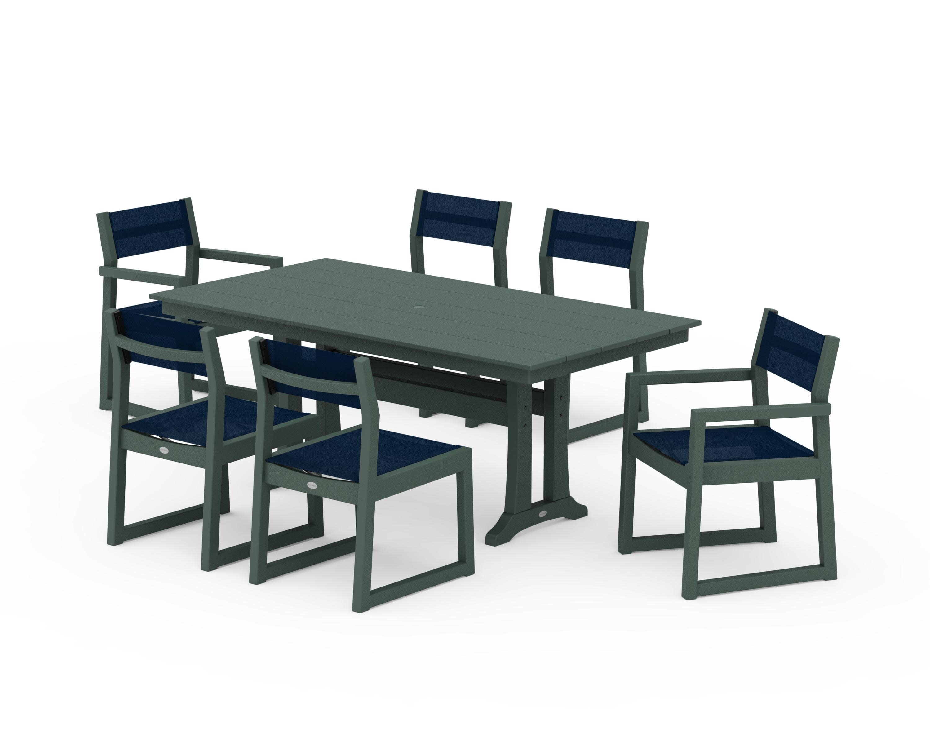 EDGE Sling 7-Piece Farmhouse Trestle Dining Set in Green / Navy Blue Sling