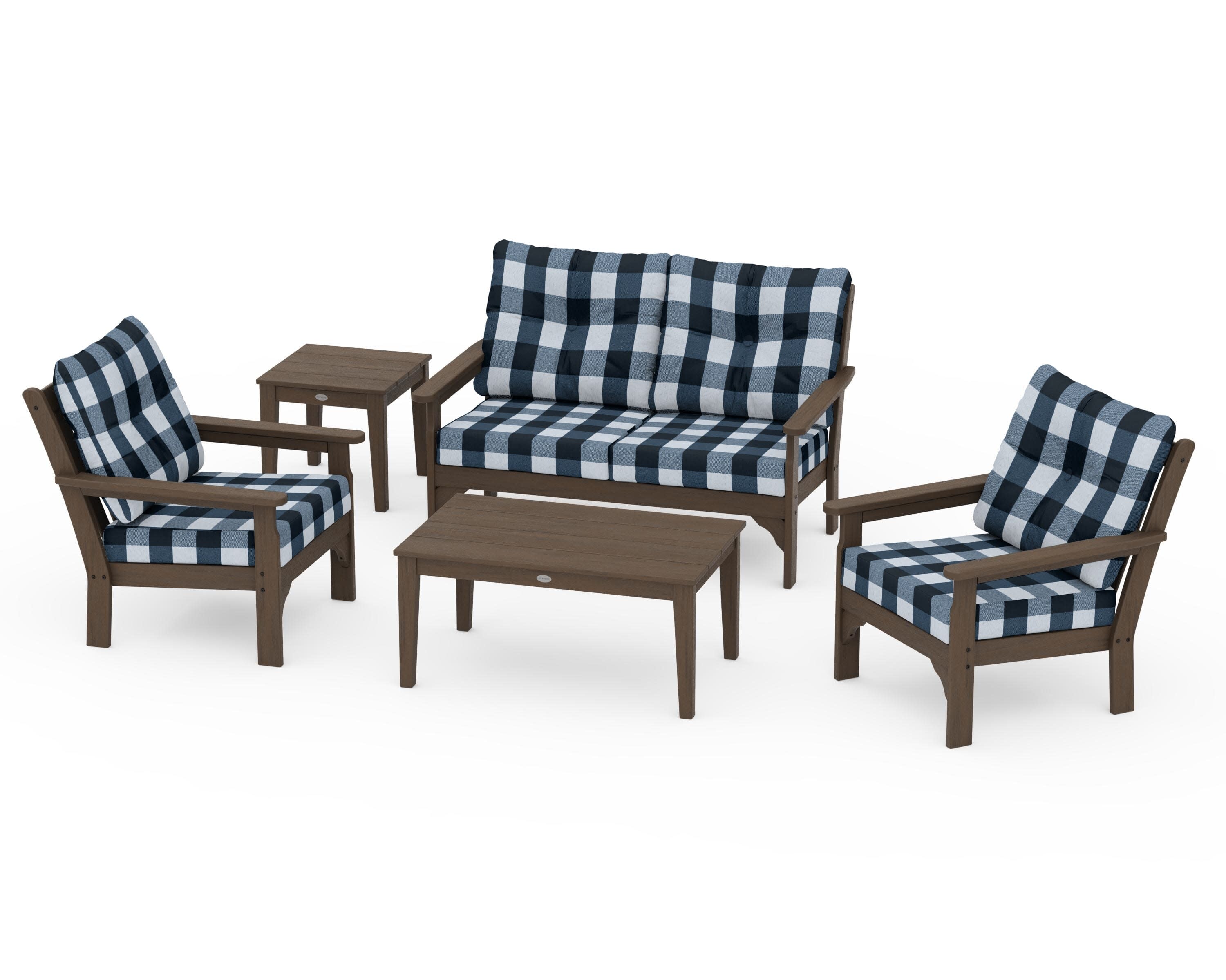 Vineyard 5-Piece Deep Seating Set in Kona / Buffalo Plaid Marine Indigo