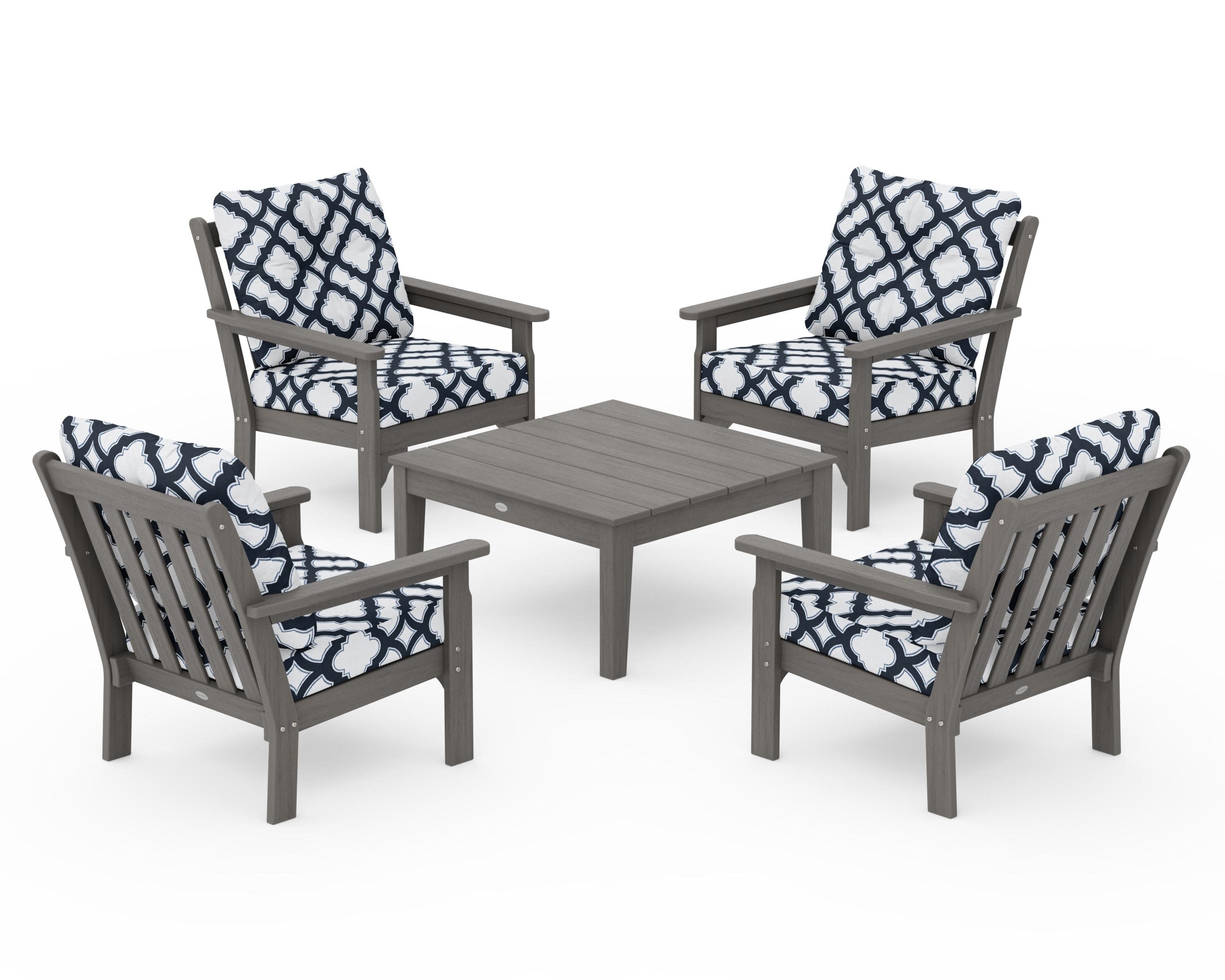 Vineyard 5-Piece Deep Seating Conversation Set in Driftwood / Trellis Marine Indigo
