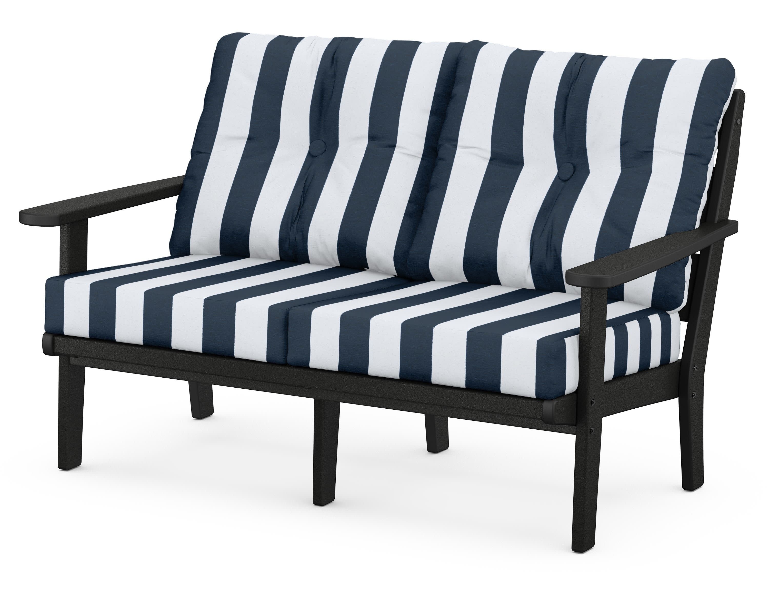 Lakeside Deep Seating Loveseat in Black / Cabana Stripe Marine Indigo