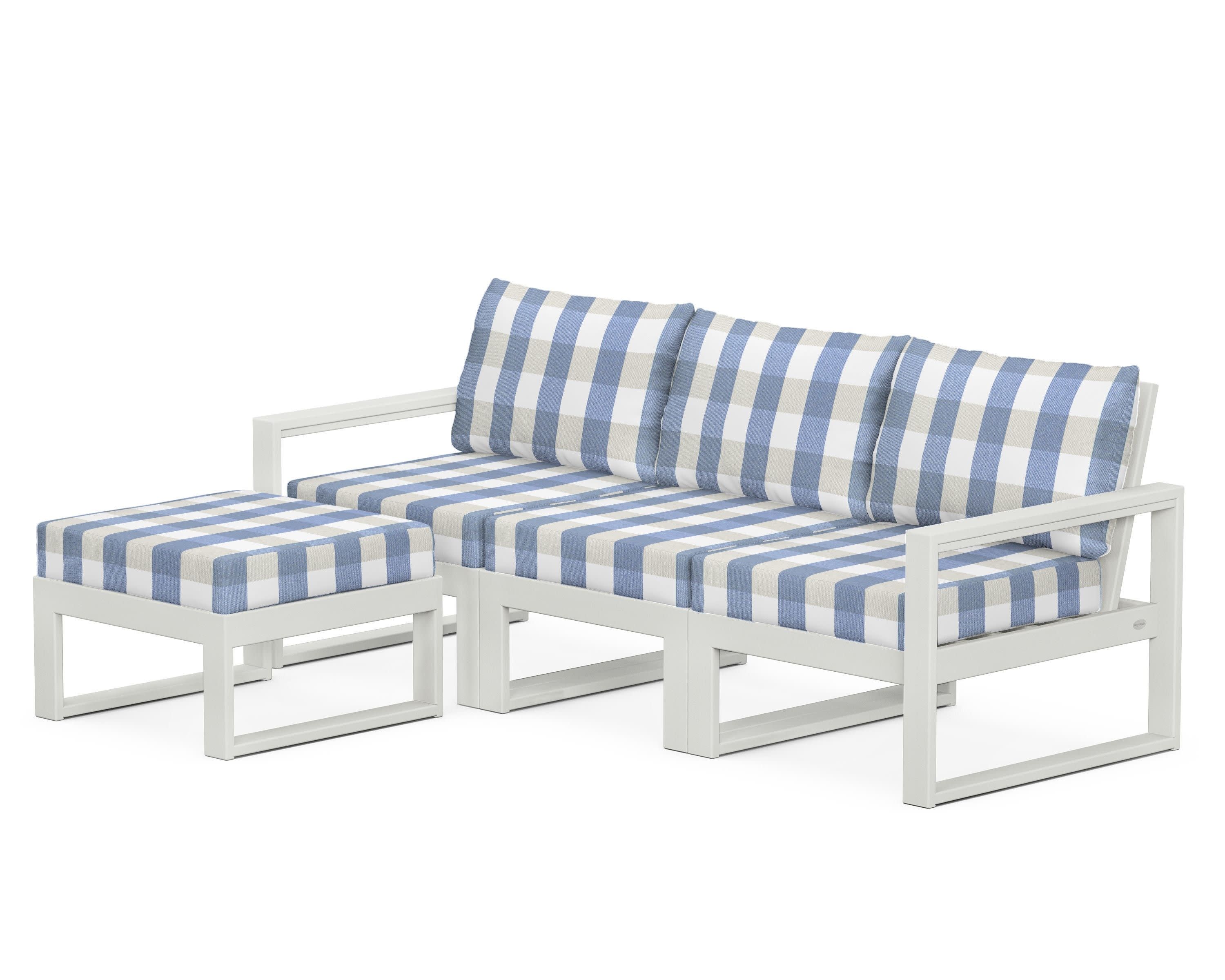 EDGE 4-Piece Modular Deep Seating Set with Ottoman in Vintage White / Buffalo Plaid Sky Blue