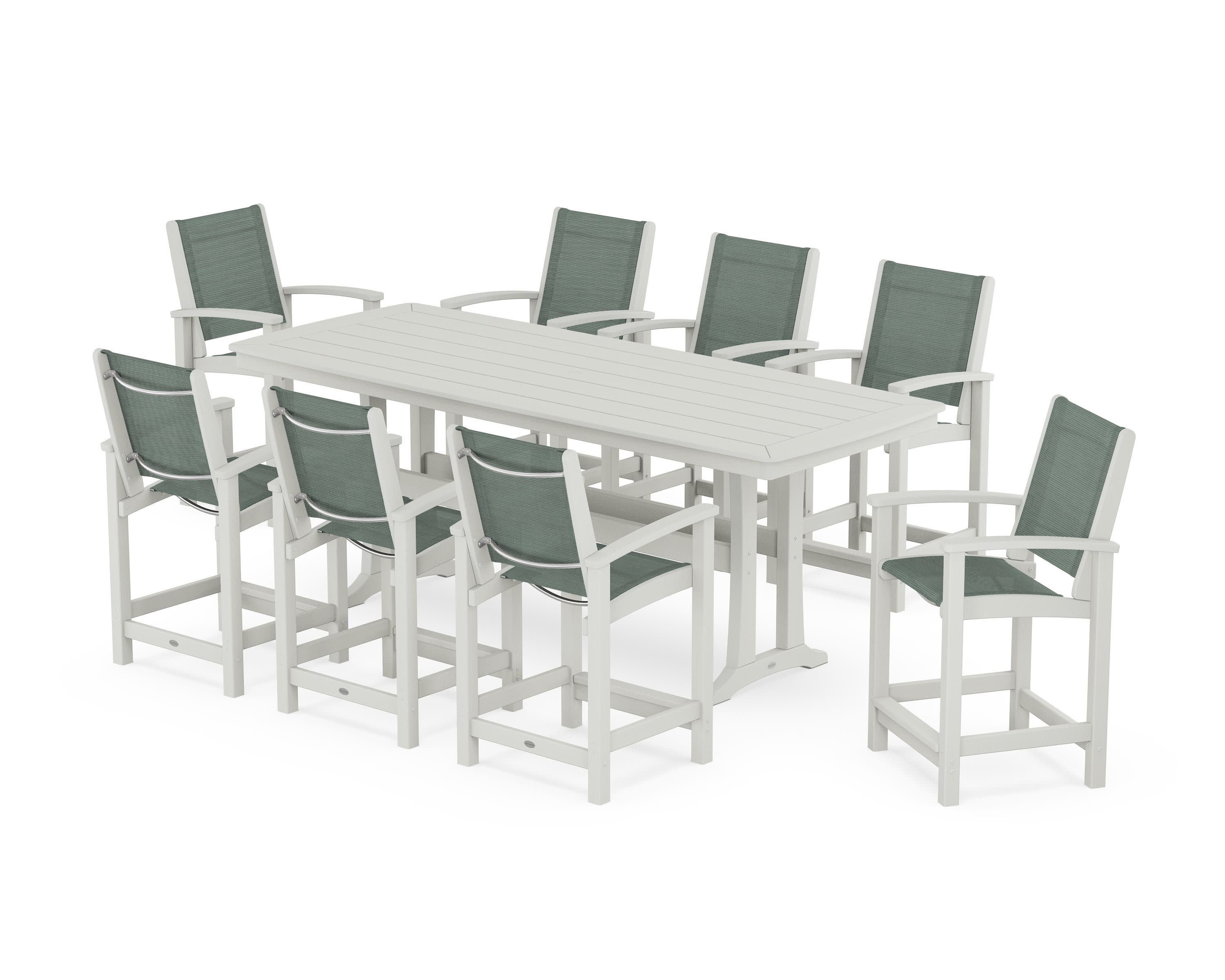 Coastal 9-Piece Counter Set with Trestle Legs in Vintage White / Dupioni Sea Mist Sling