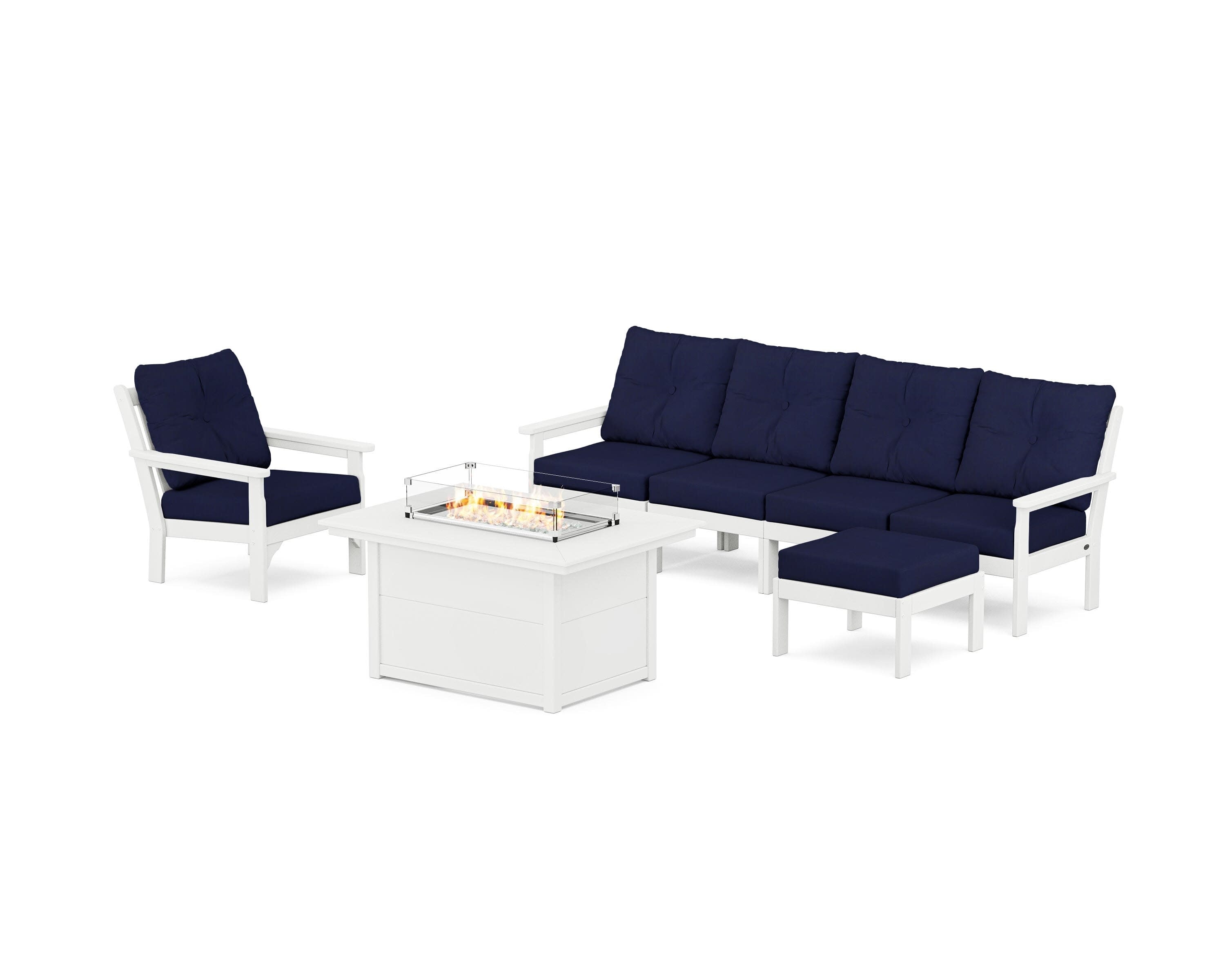 Vineyard Sectional Lounge and Fire Pit Set in White / Navy