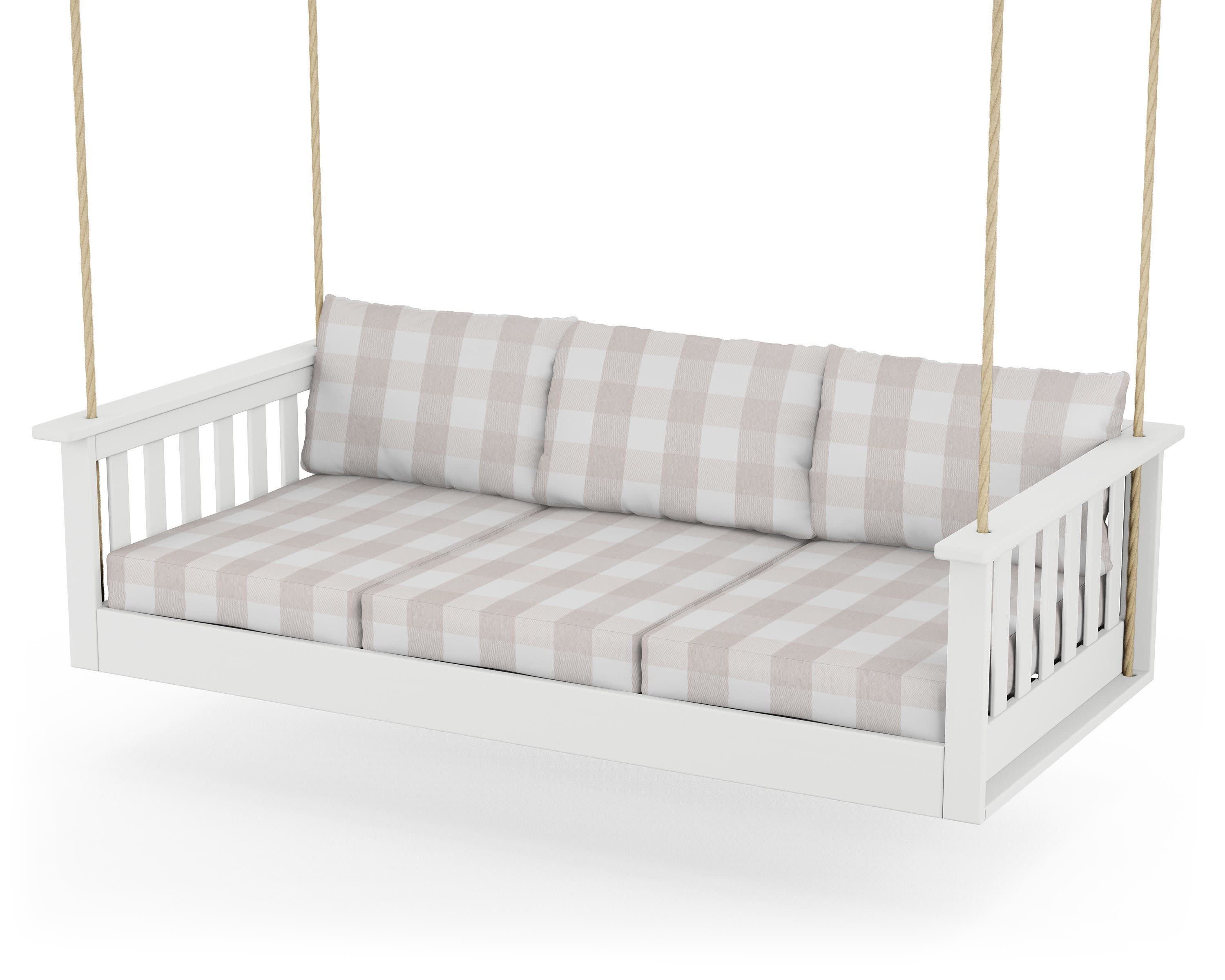 Vineyard Daybed Swing in White / Buffalo Plaid Dune Burlap