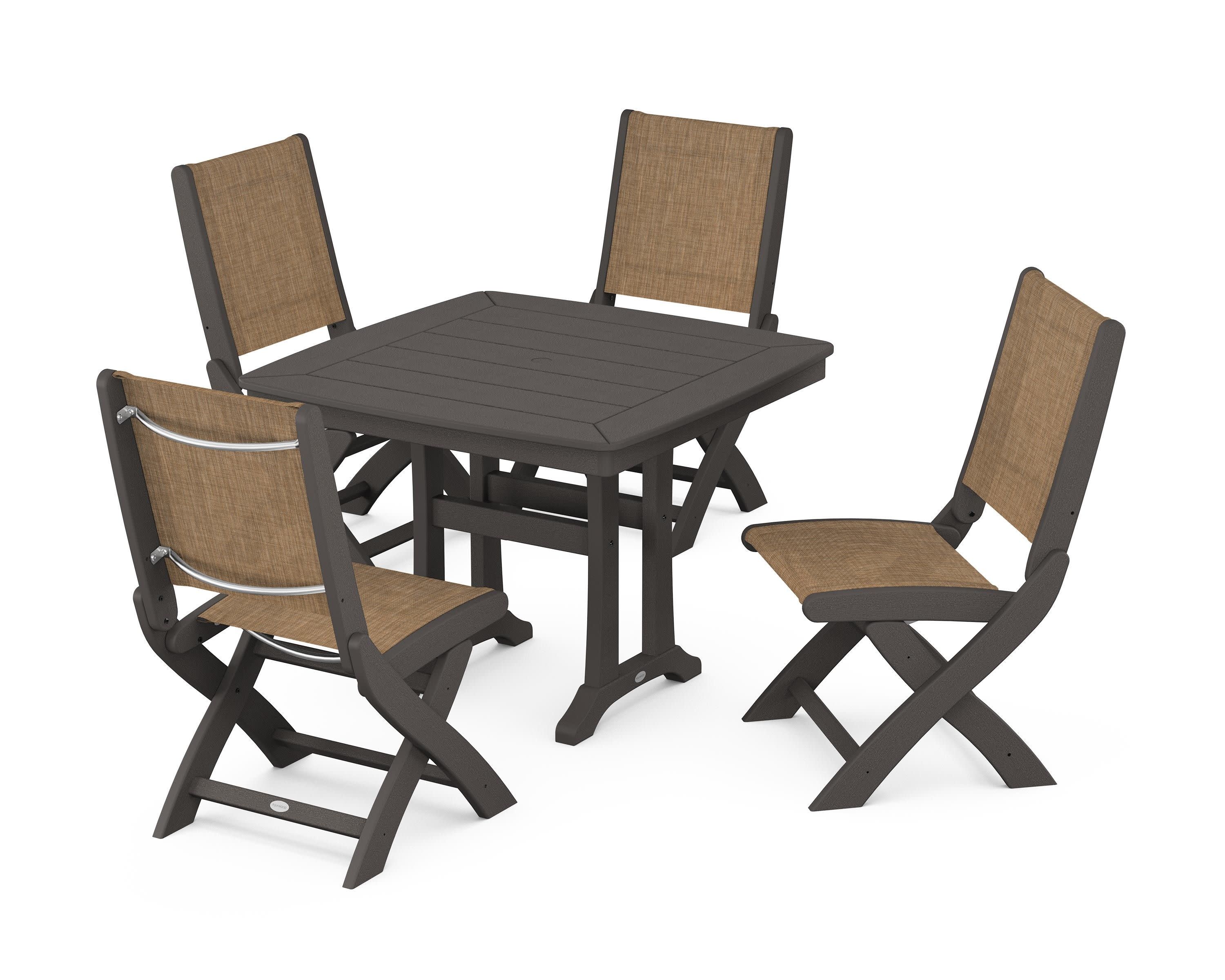 Coastal Folding Side Chair 5-Piece Dining Set with Trestle Legs in Vintage Coffee / Burlap Sling