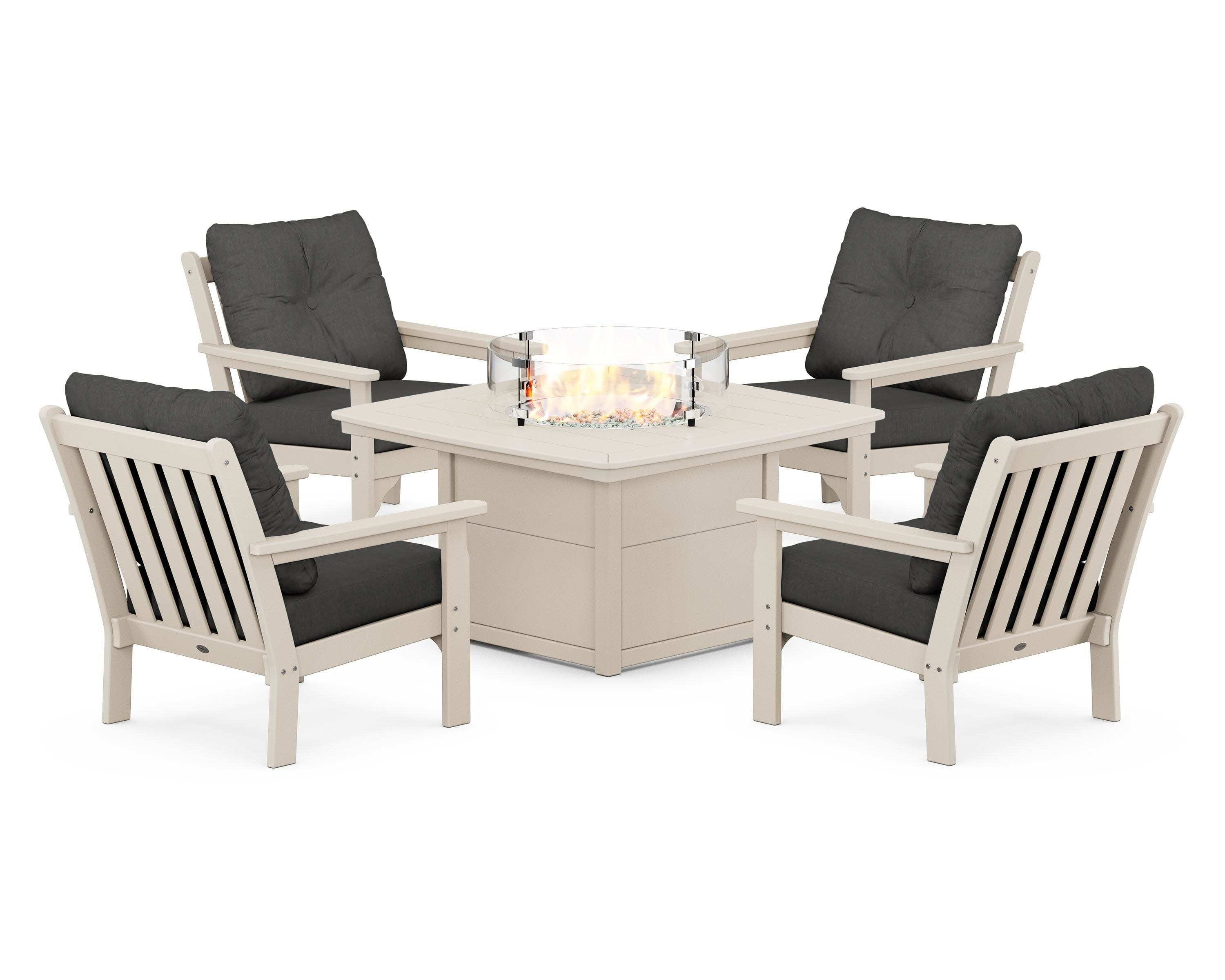 Vineyard 5-Piece Conversation Set with Fire Pit Table in Sand / Spectrum Carbon