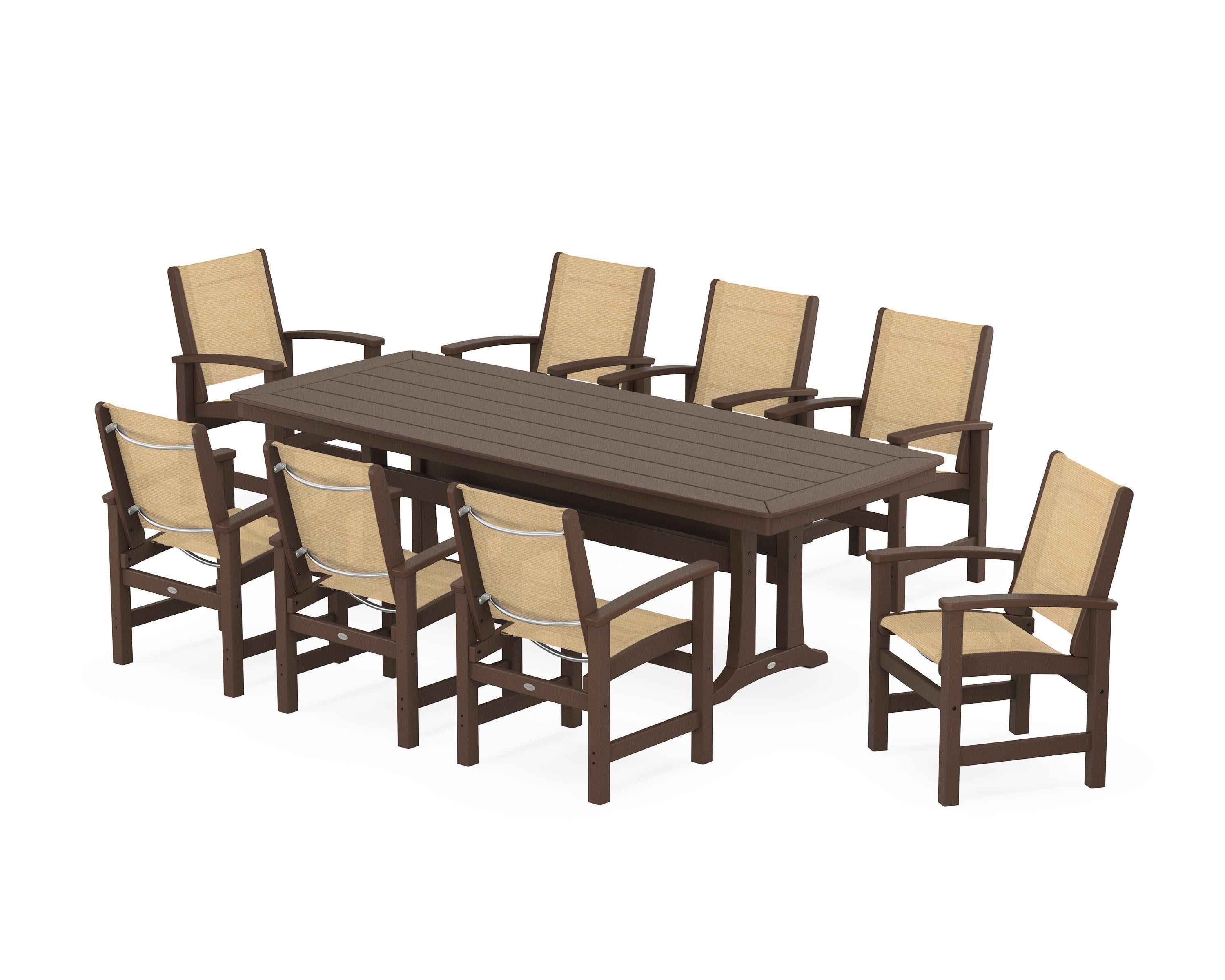 Coastal 9-Piece Dining Set with Trestle Legs in Mahogany / Dupioni Apricot Sling