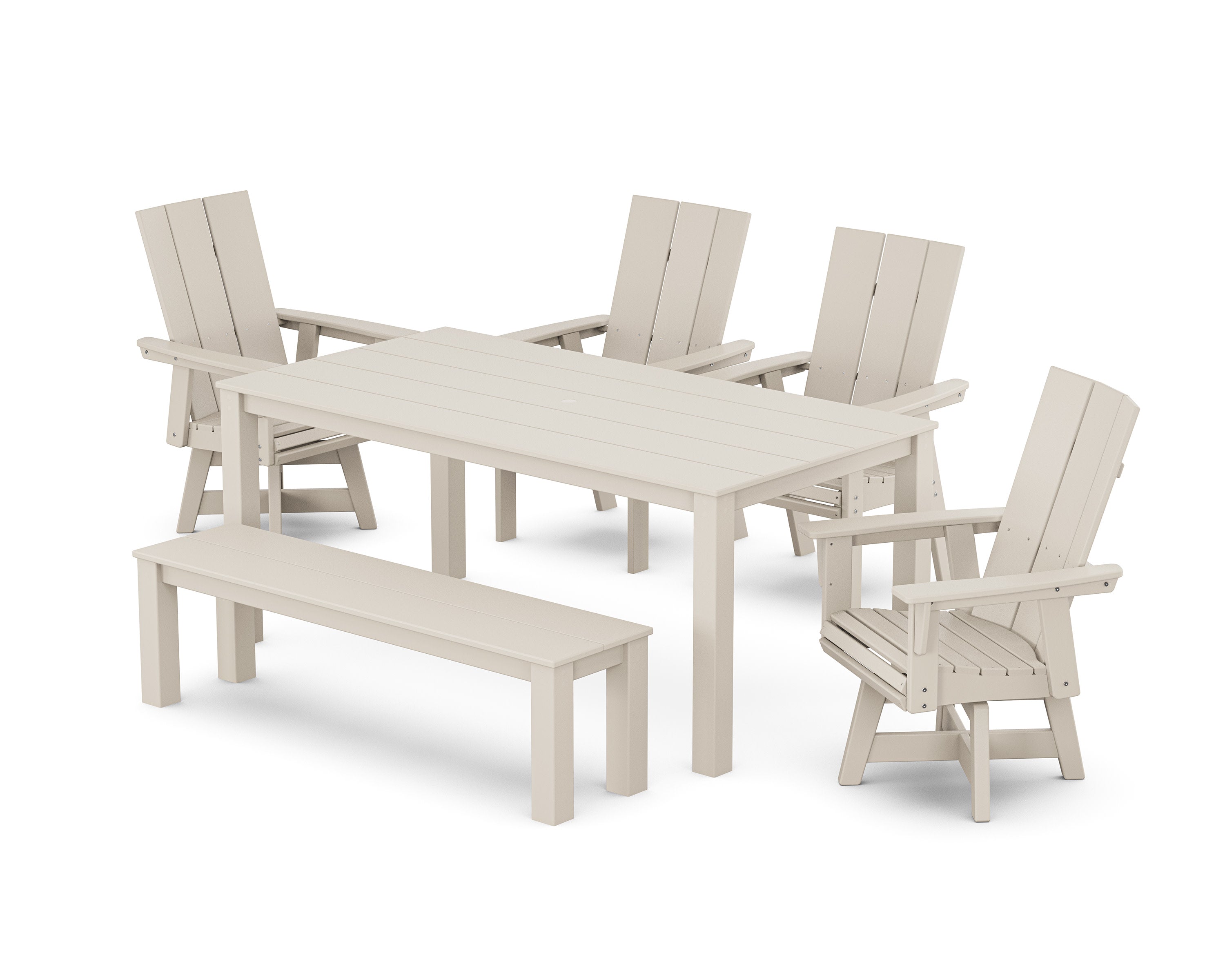 Modern Curveback Adirondack 6-Piece Parsons Swivel Dining Set with Bench in Sand