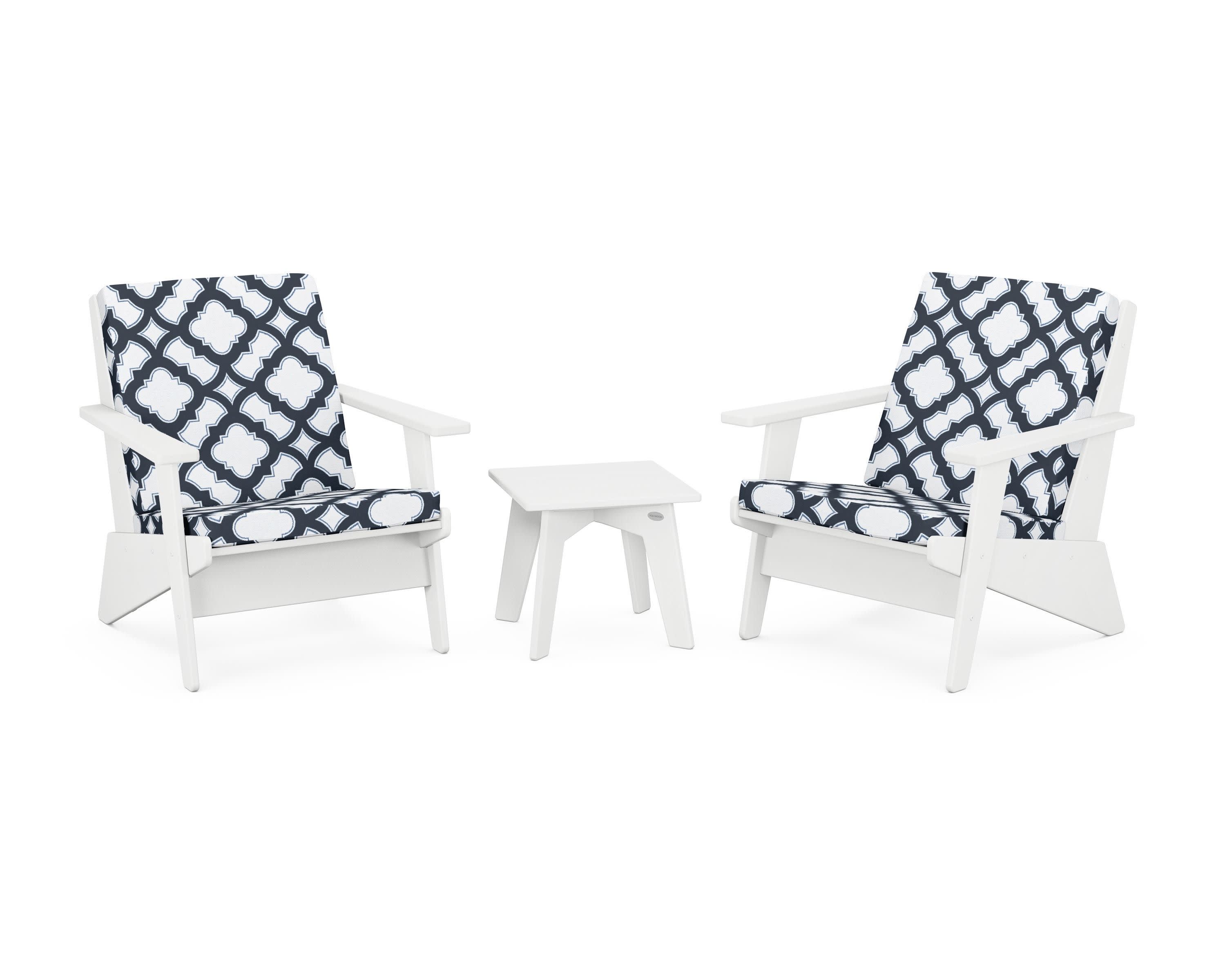 Riviera Modern Lounge 3-Piece Set in White / Trellis Marine Indigo