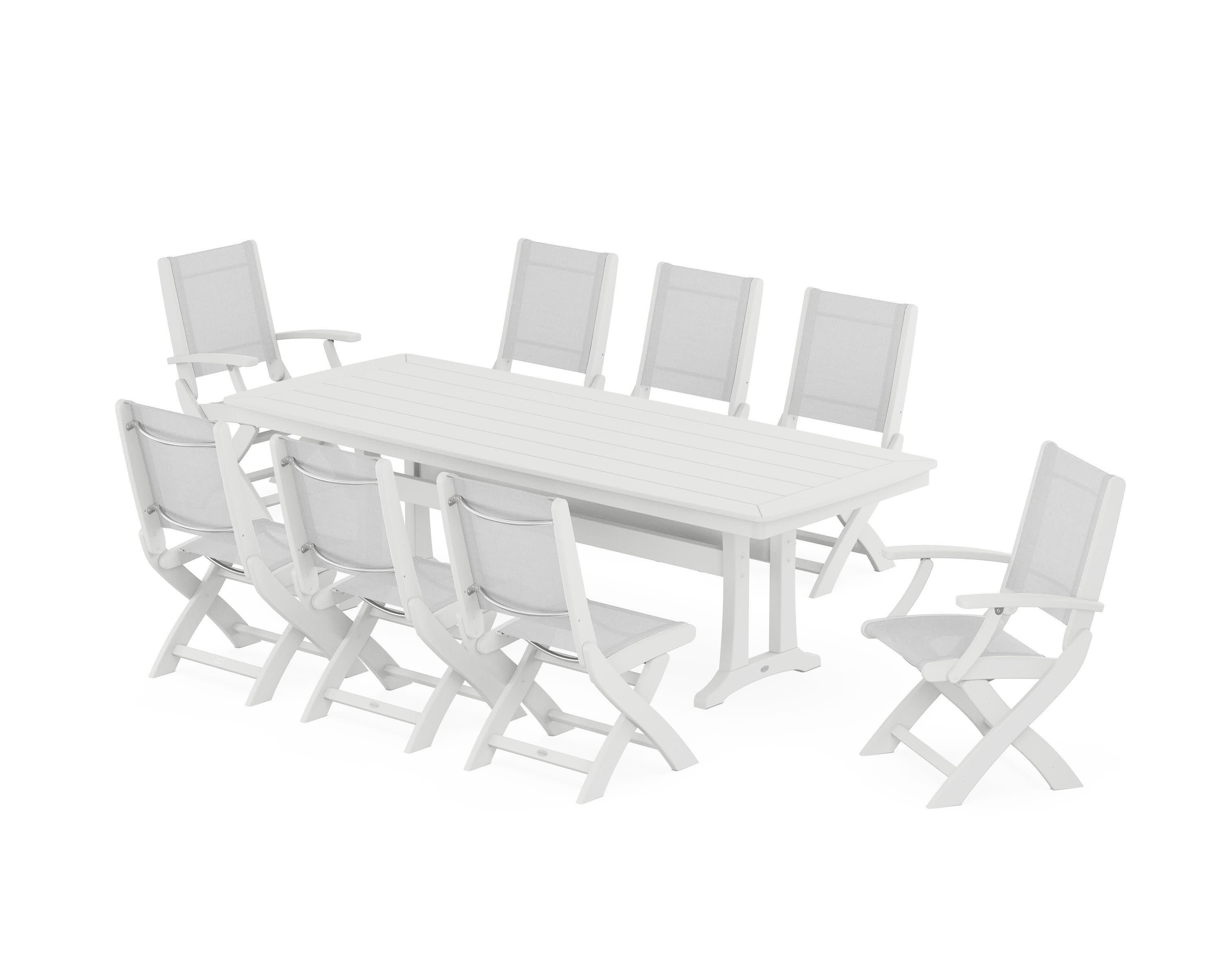 Coastal Folding 9-Piece Dining Set with Trestle Legs in White / White Sling