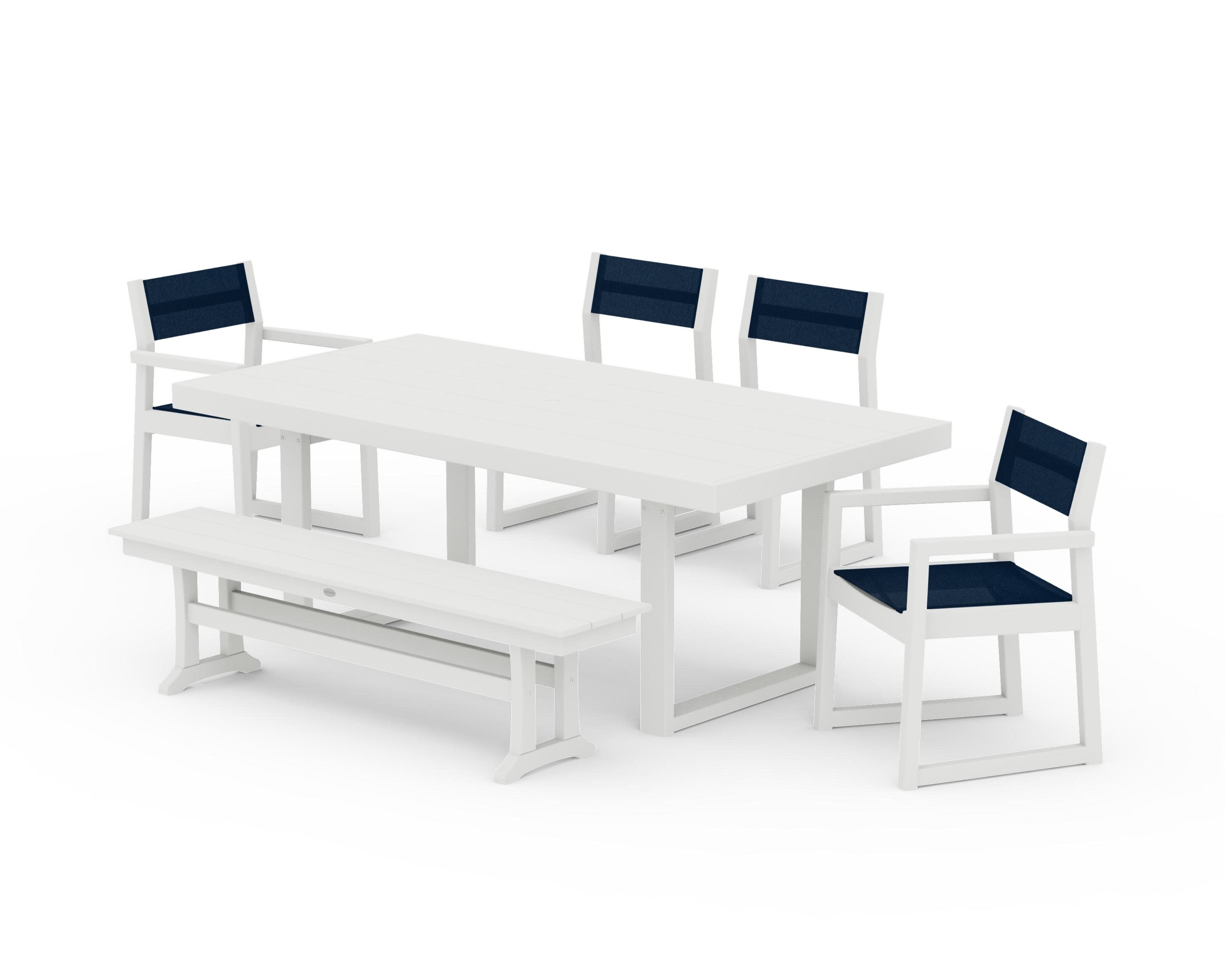 EDGE Sling 6-Piece Dining Set with Bench in Vintage White / Navy Blue Sling